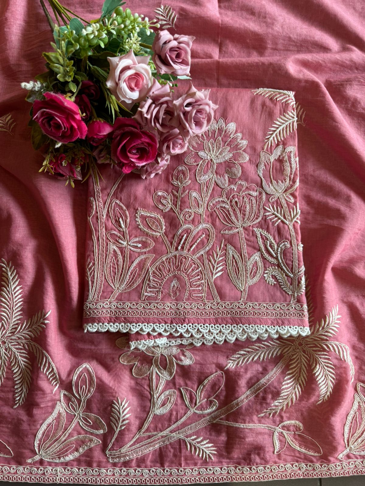 Pure Mul chanderi Unstitched suit design With embroidered Neck Patti