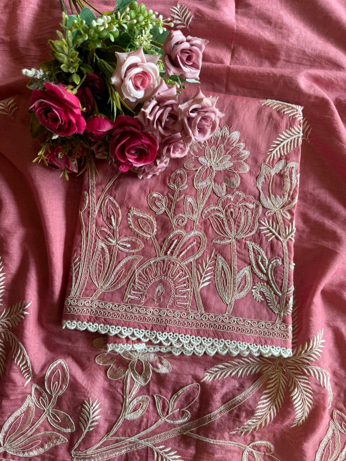 Pure Mul chanderi Unstitched suit design With embroidered Neck Patti