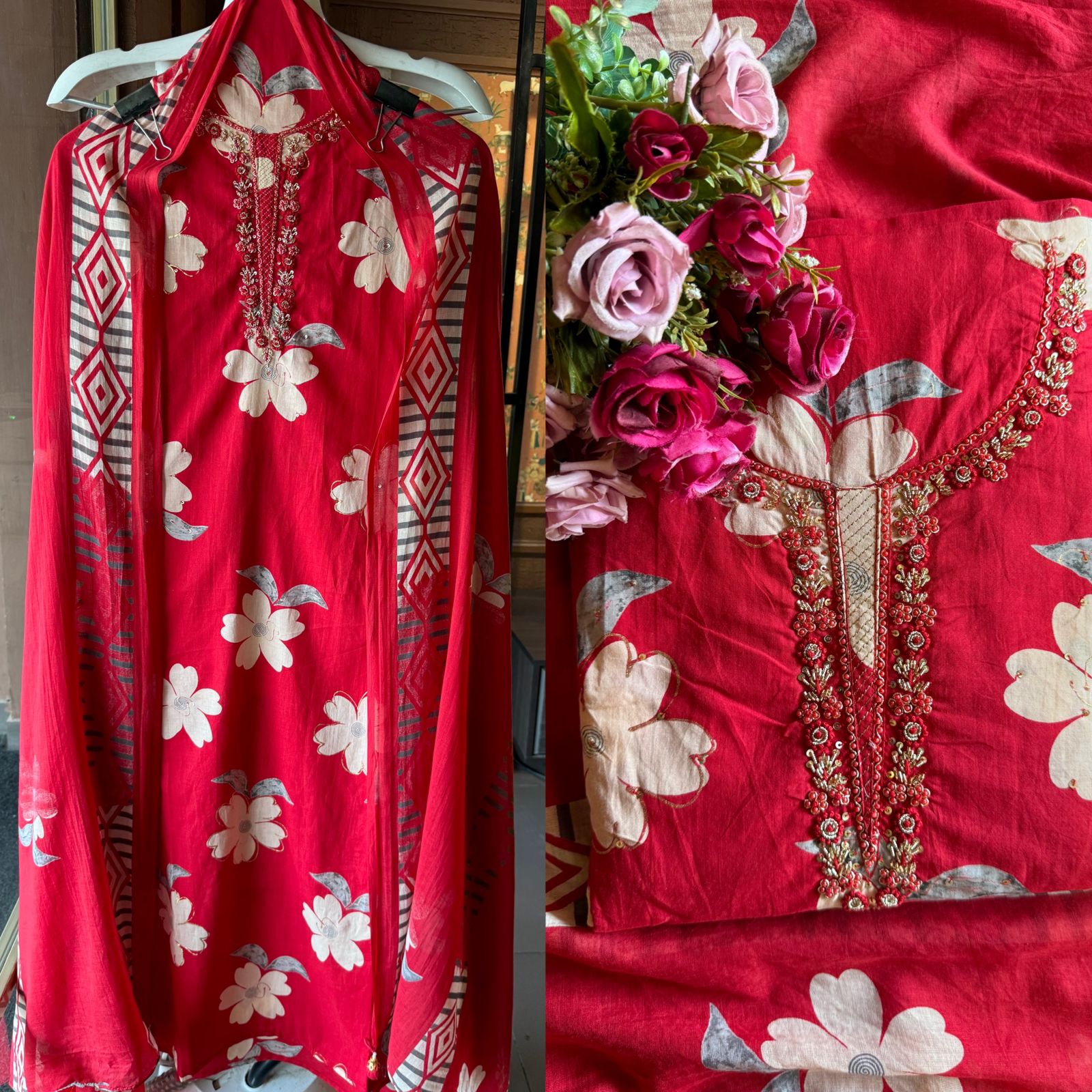 Floral digital printed unstitched cotton Suit , Digital print on the front