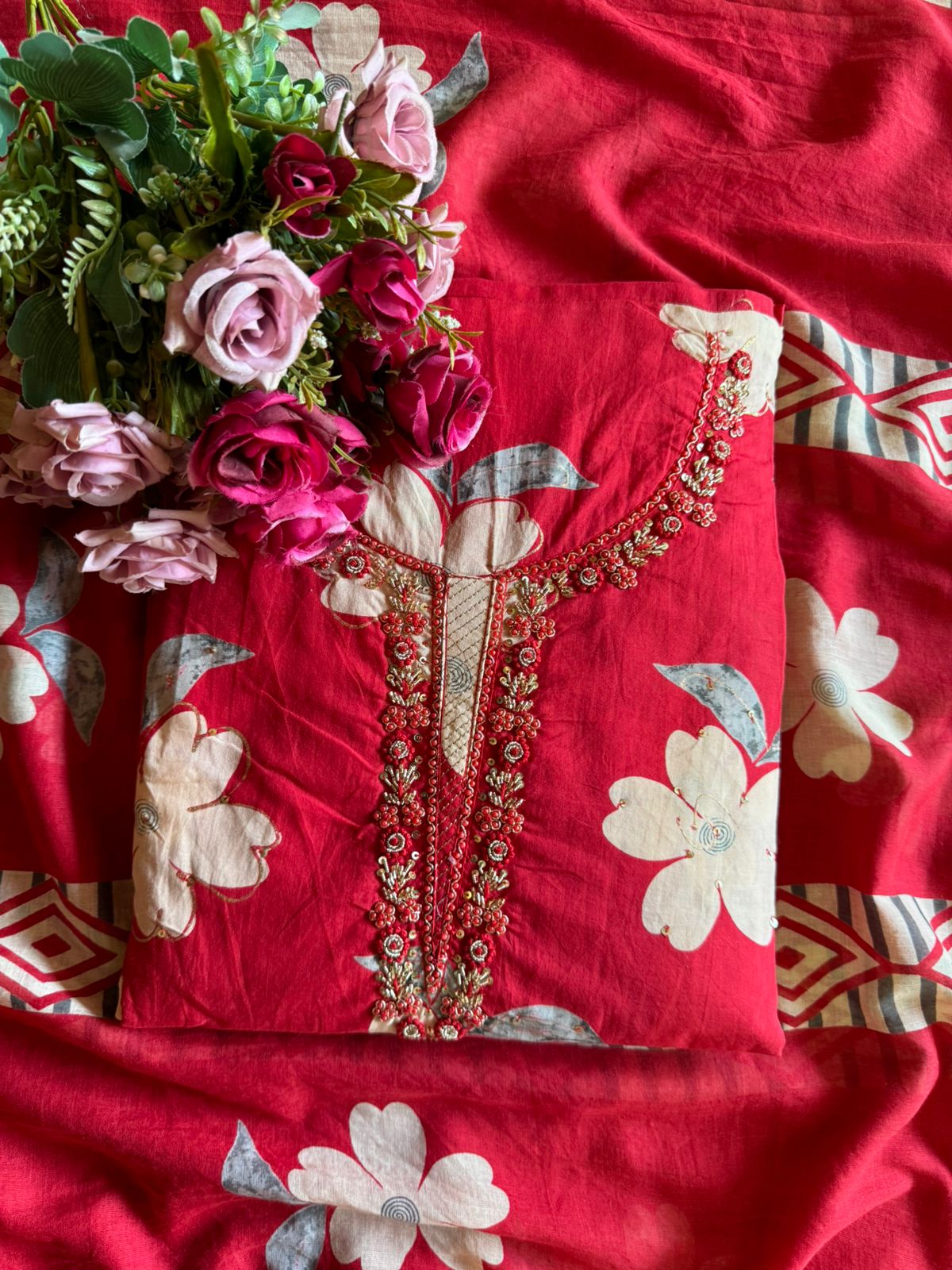 Floral digital printed unstitched cotton Suit , Digital print on the front