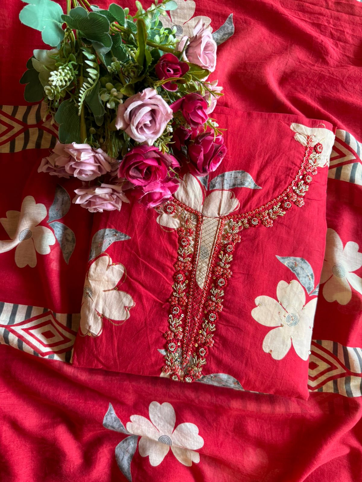 Floral digital printed unstitched cotton Suit , Digital print on the front