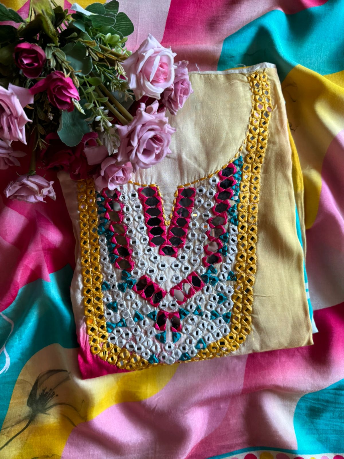 Beautiful Multi coloured Semi stitched puri muslin suit