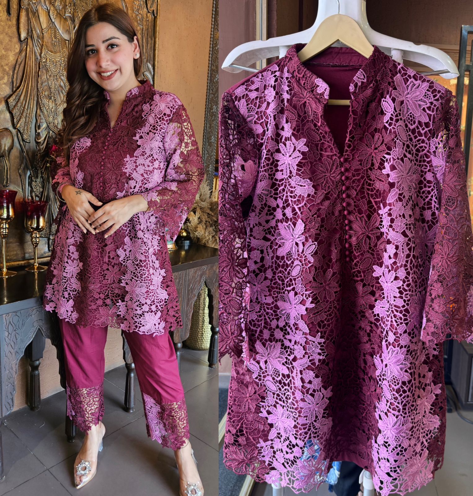 The outfit in the image features a beautiful, intricate lace fabric