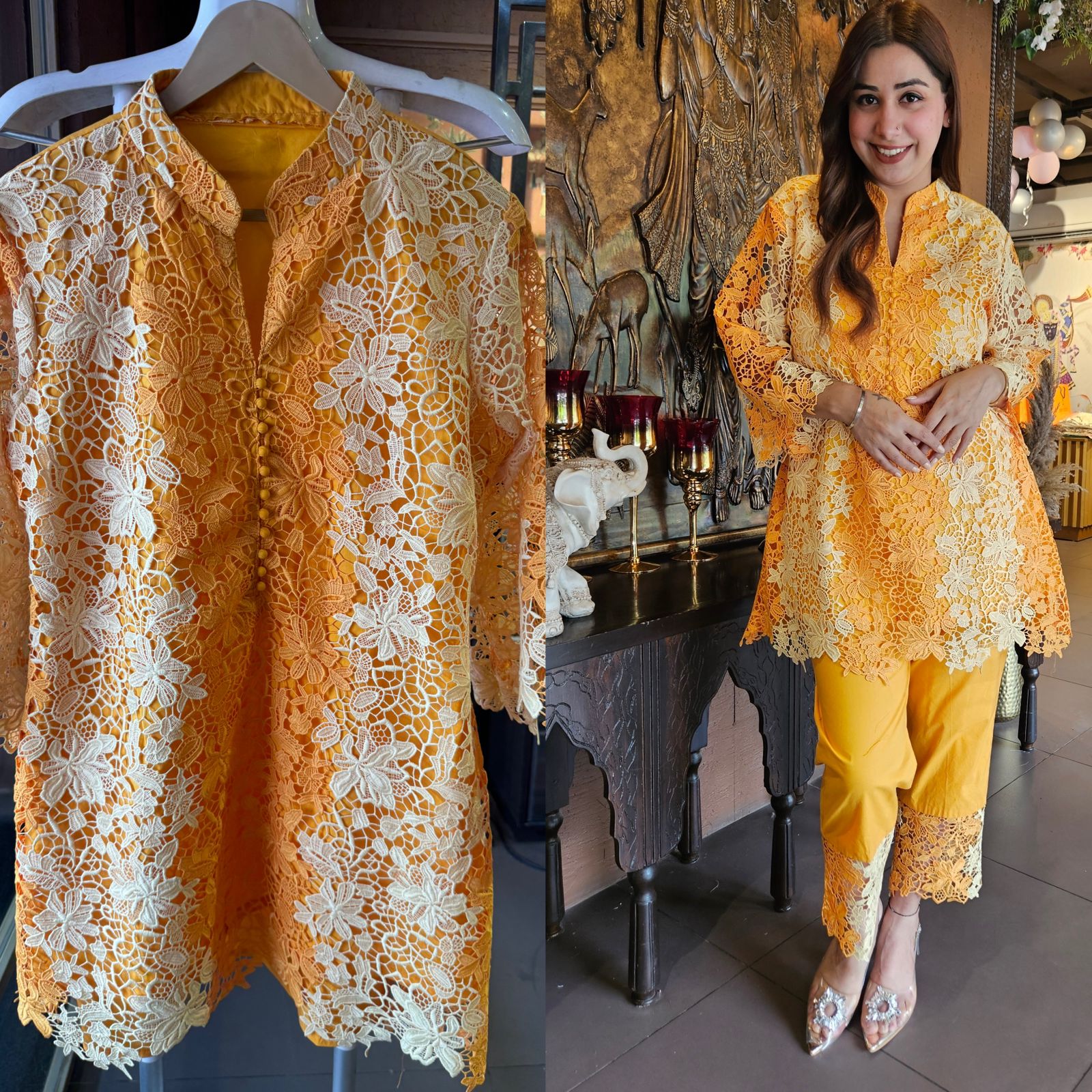 The outfit in the image features a beautiful, intricate lace fabric