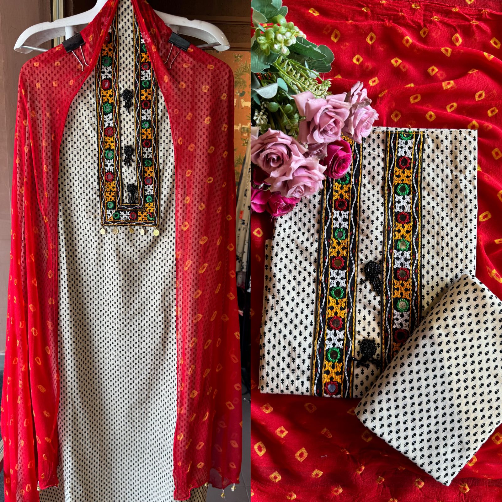 The fabric in the image is a traditional and vibrant unstitched dress