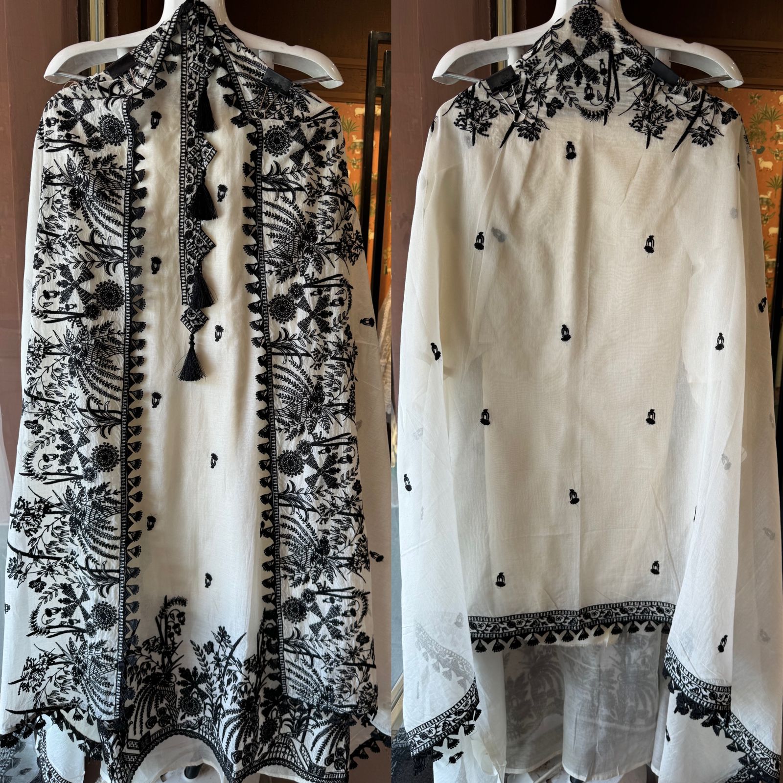 Mul cotton Unstitched shirt with embroidered neck Patti with Tassels