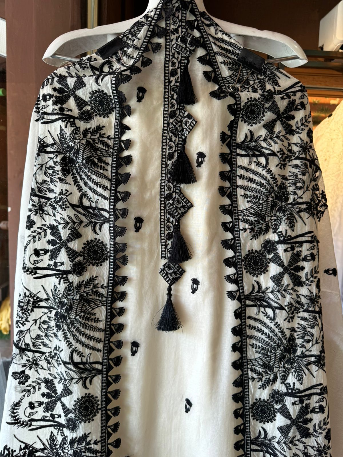 Mul cotton Unstitched shirt with embroidered neck Patti with Tassels