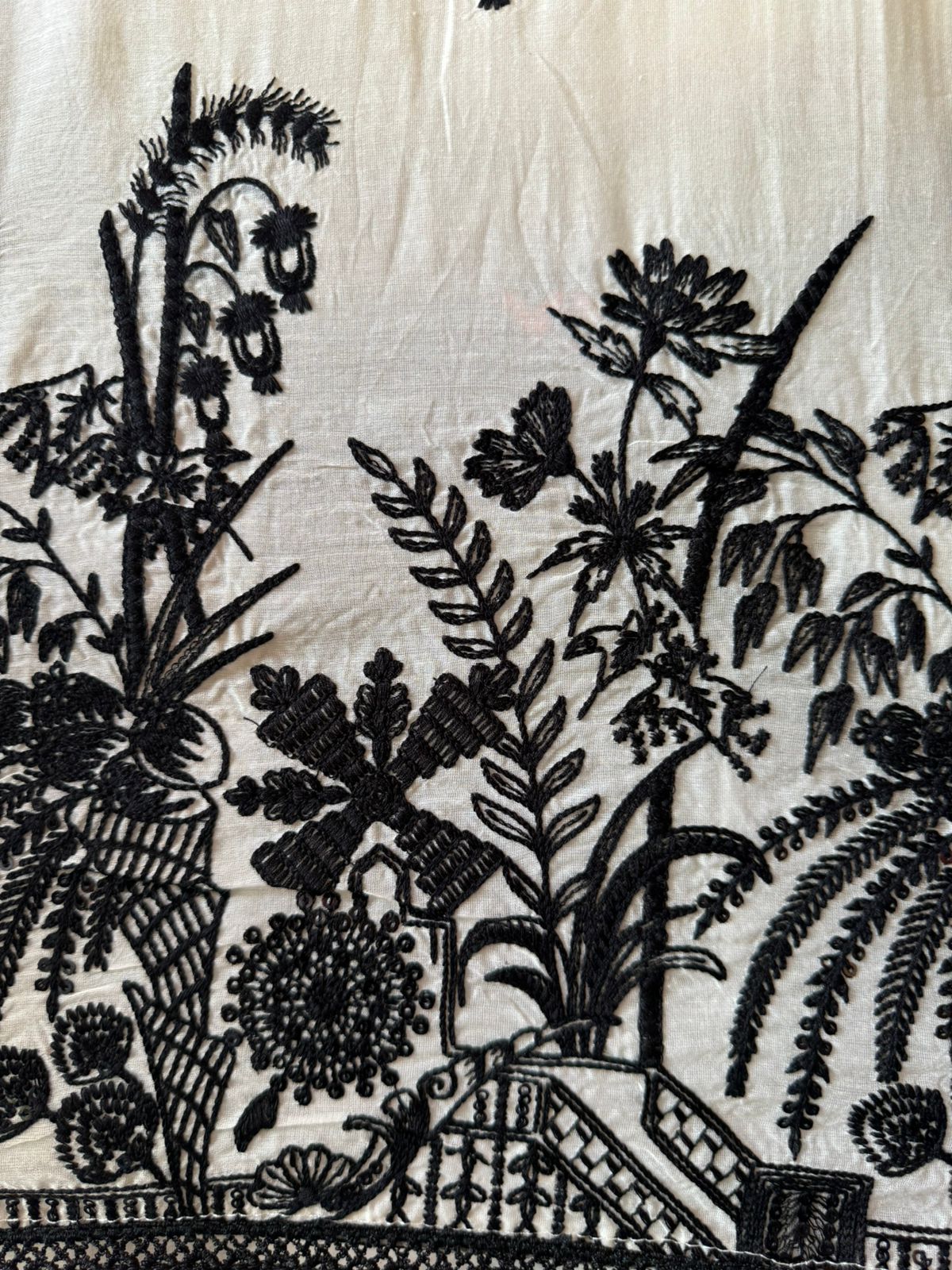 Mul cotton Unstitched shirt with embroidered neck Patti with Tassels