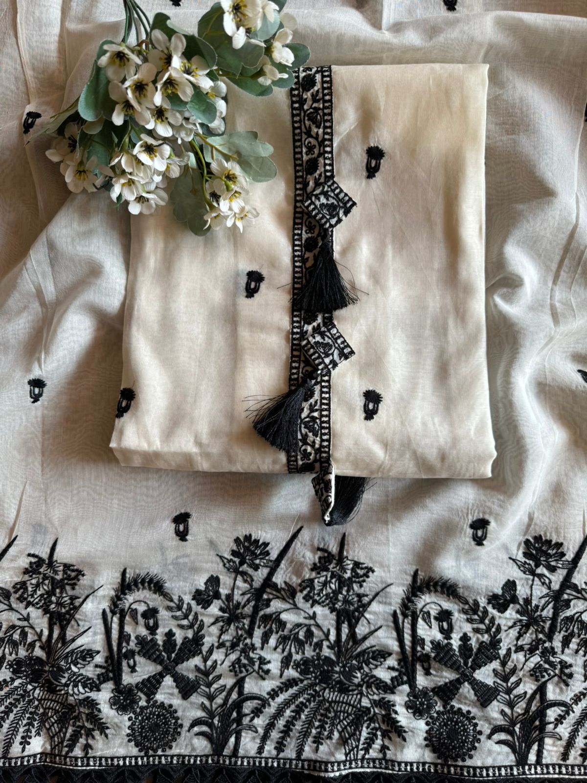 Mul cotton Unstitched shirt with embroidered neck Patti with Tassels