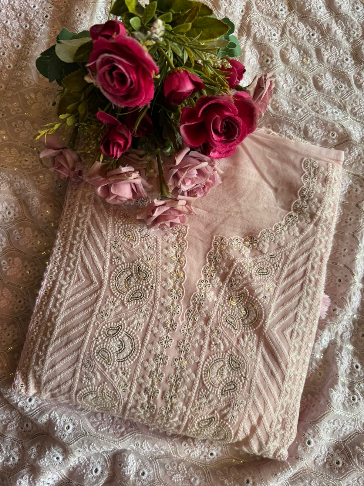 Pure Georgette Unstitched Shirt  with Lakhanvi Thread embroidered front