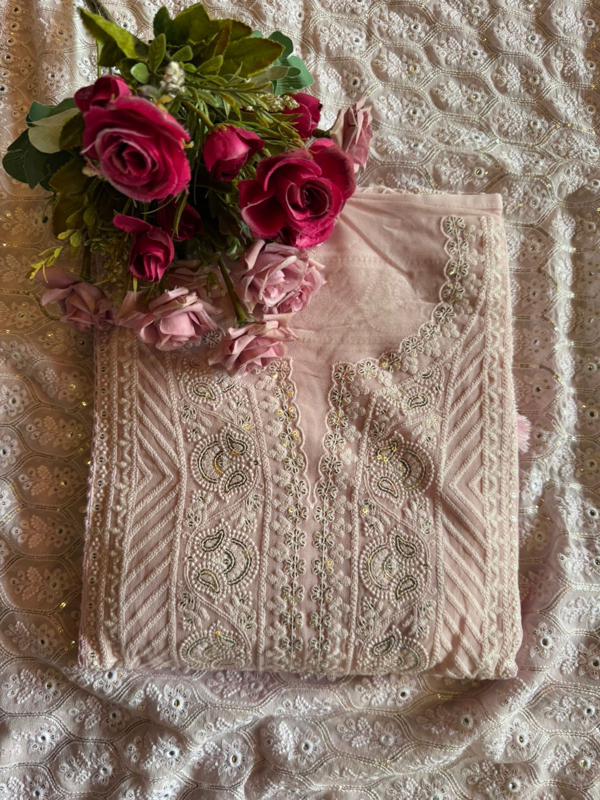 Pure Georgette Unstitched Shirt  with Lakhanvi Thread embroidered front