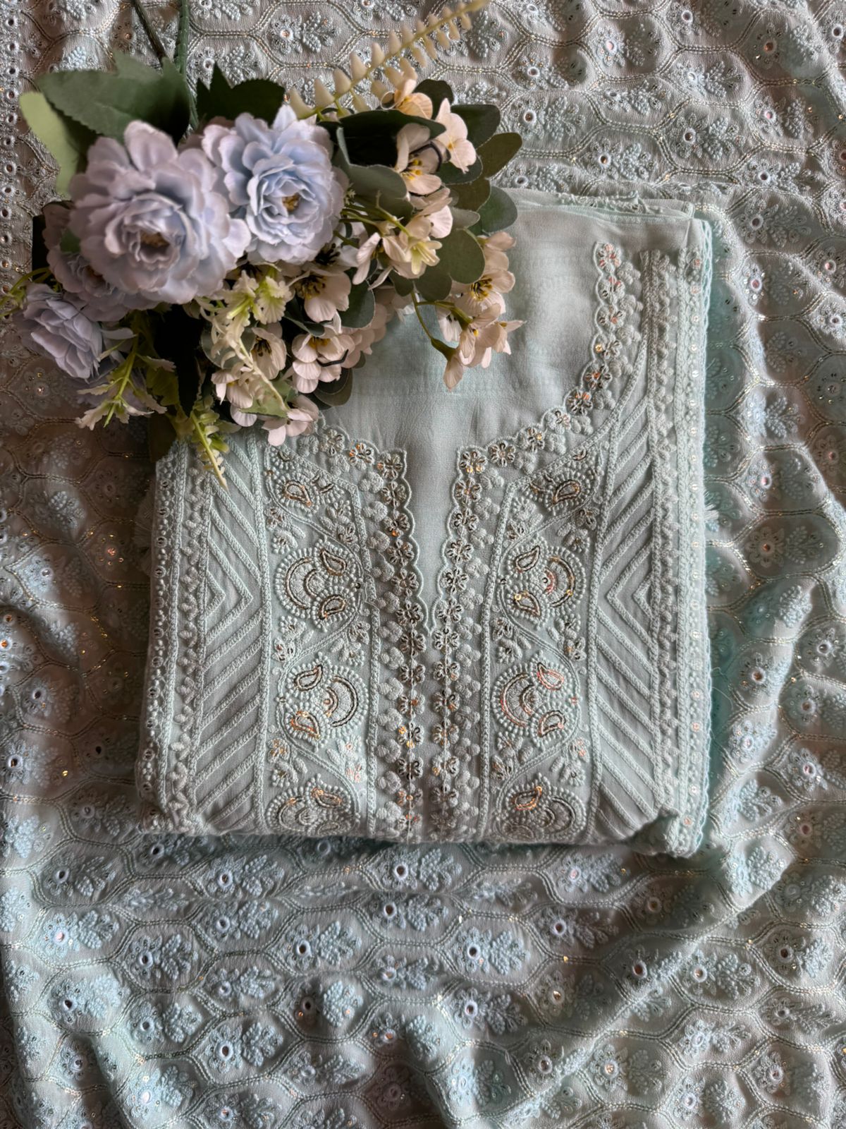 Pure Georgette Unstitched Shirt  with Lakhanvi Thread embroidered front