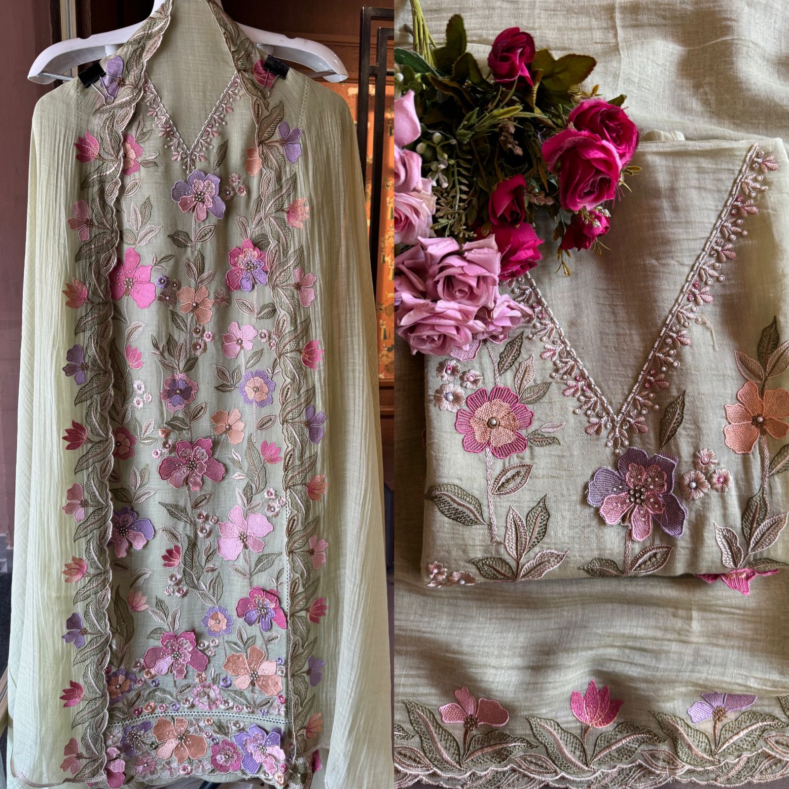 Unstitched suit  design with floral thread embroidered Front