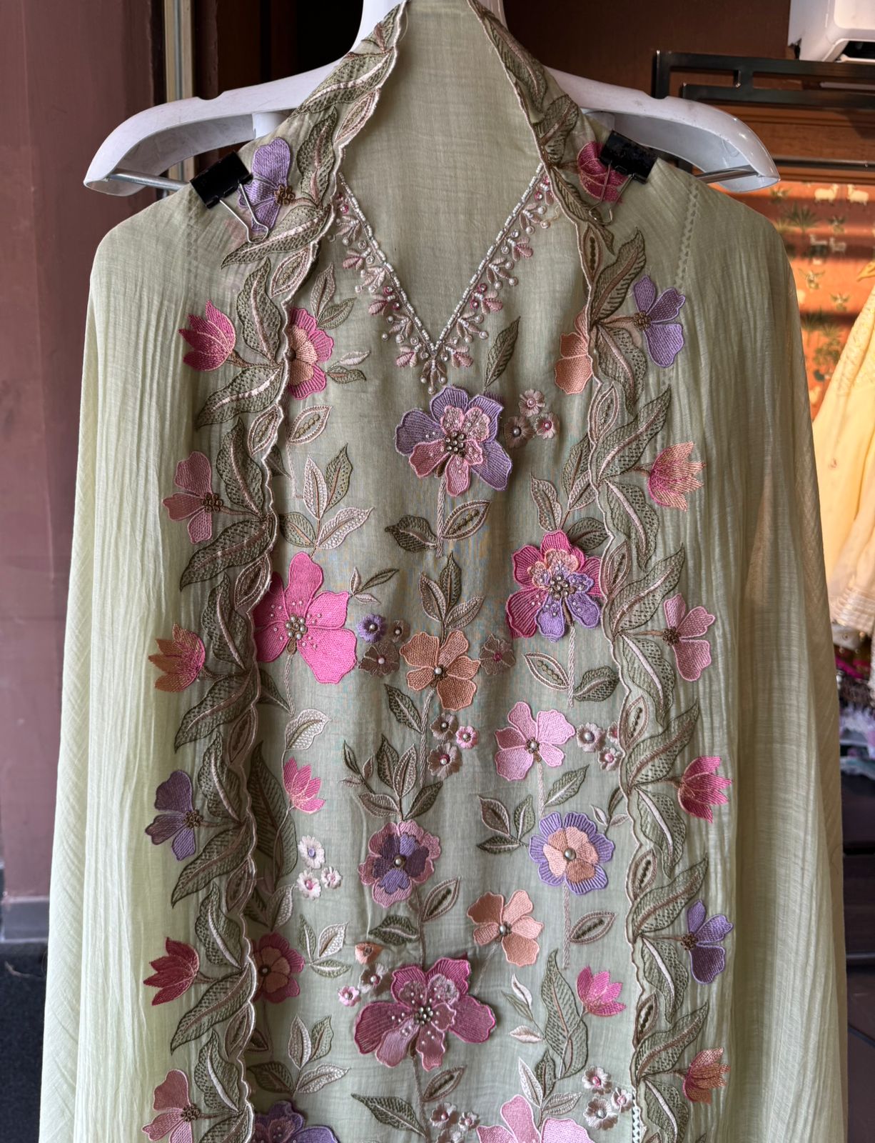 Unstitched suit  design with floral thread embroidered Front