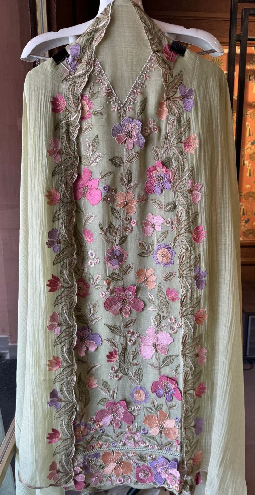 Unstitched suit  design with floral thread embroidered Front