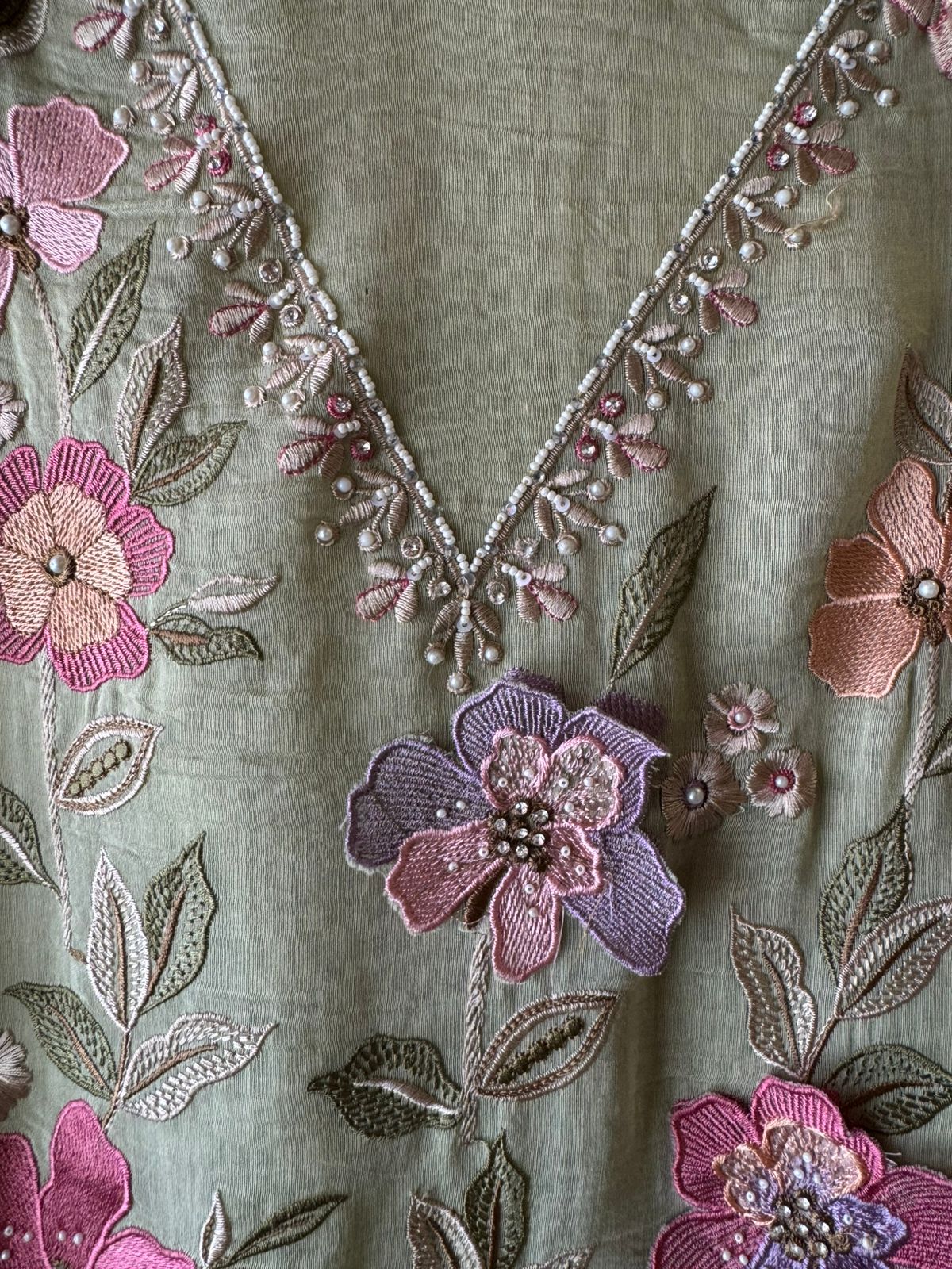 Unstitched suit  design with floral thread embroidered Front