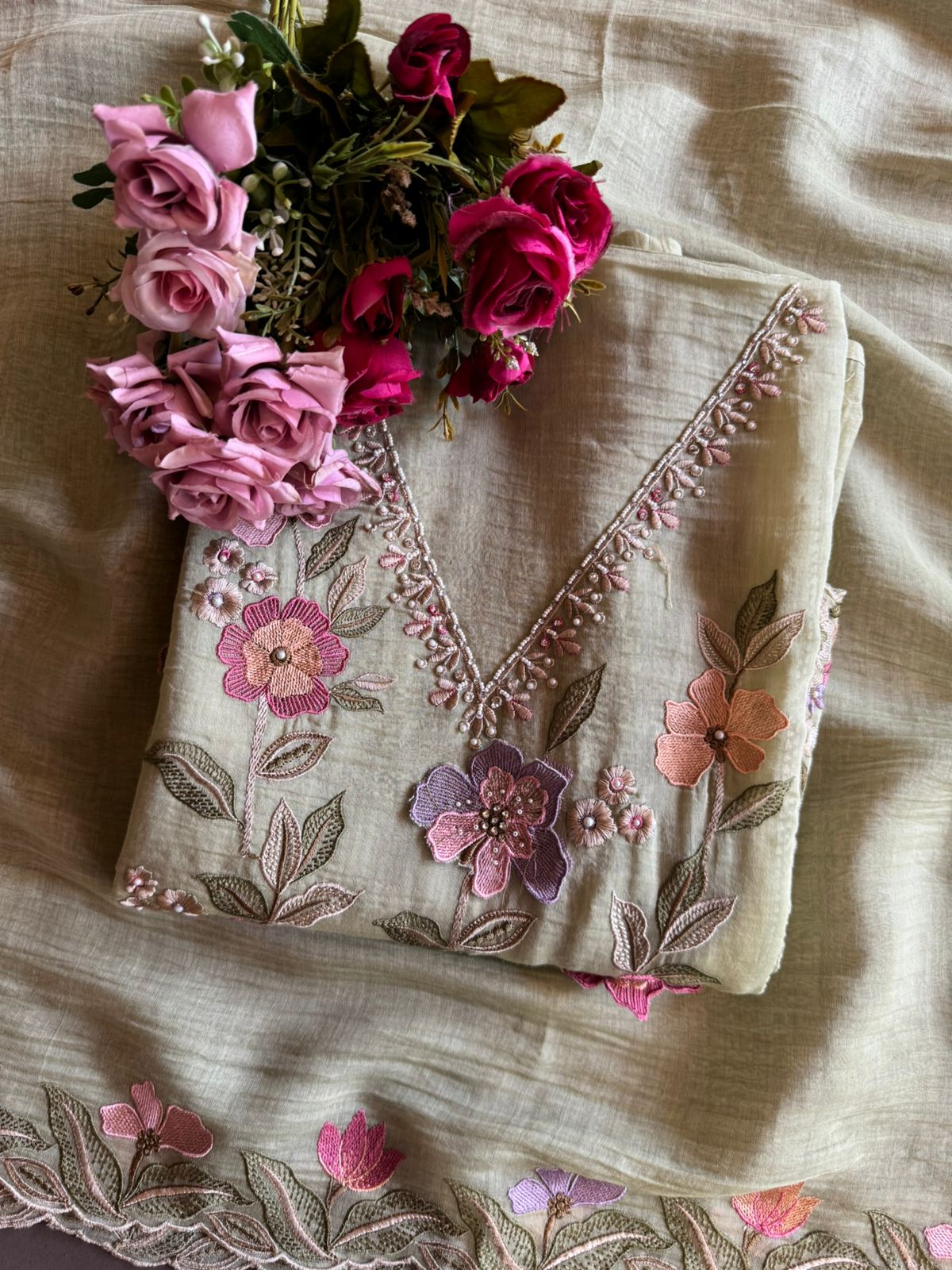 Unstitched suit  design with floral thread embroidered Front