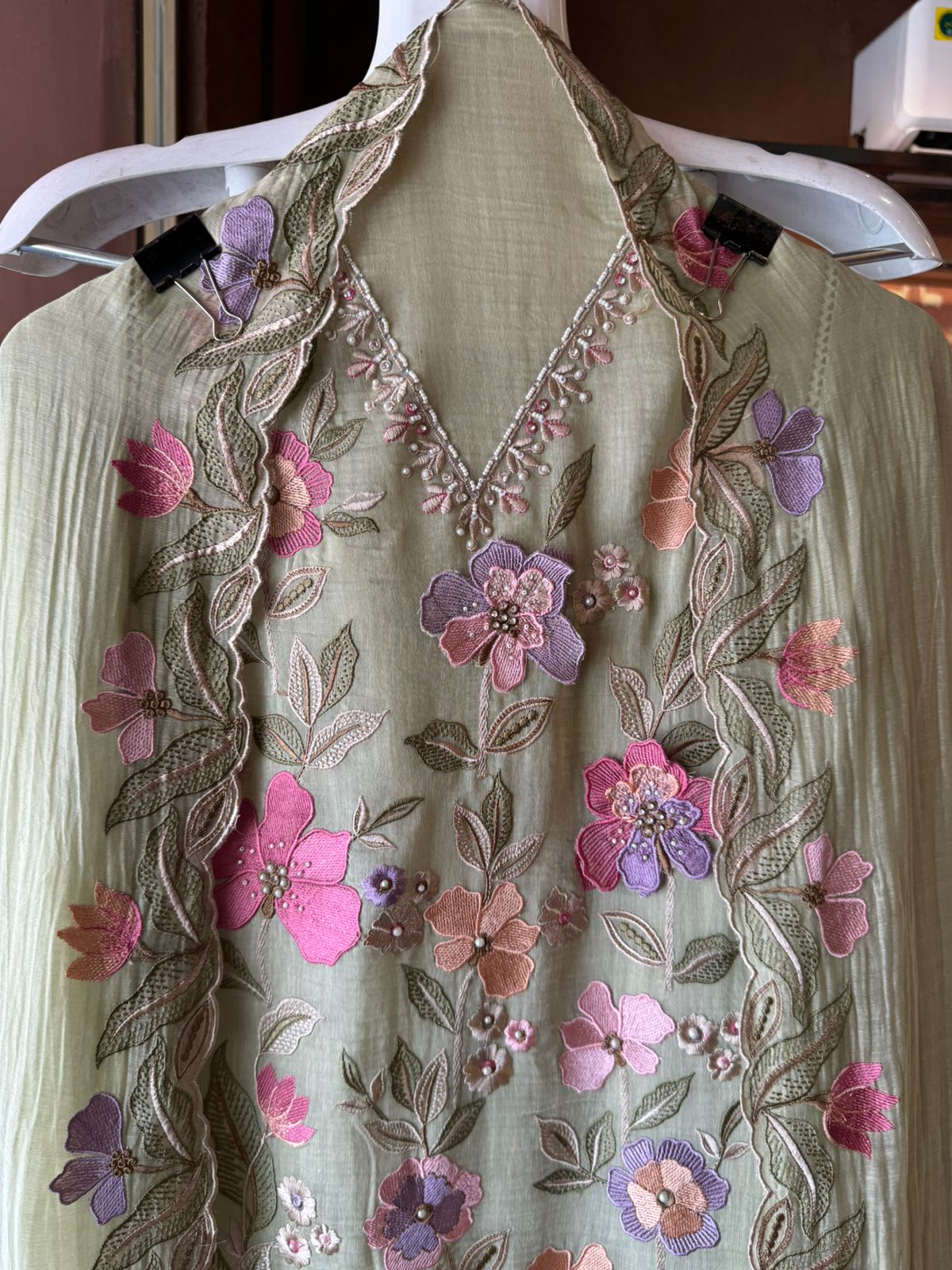 Unstitched suit  design with floral thread embroidered Front