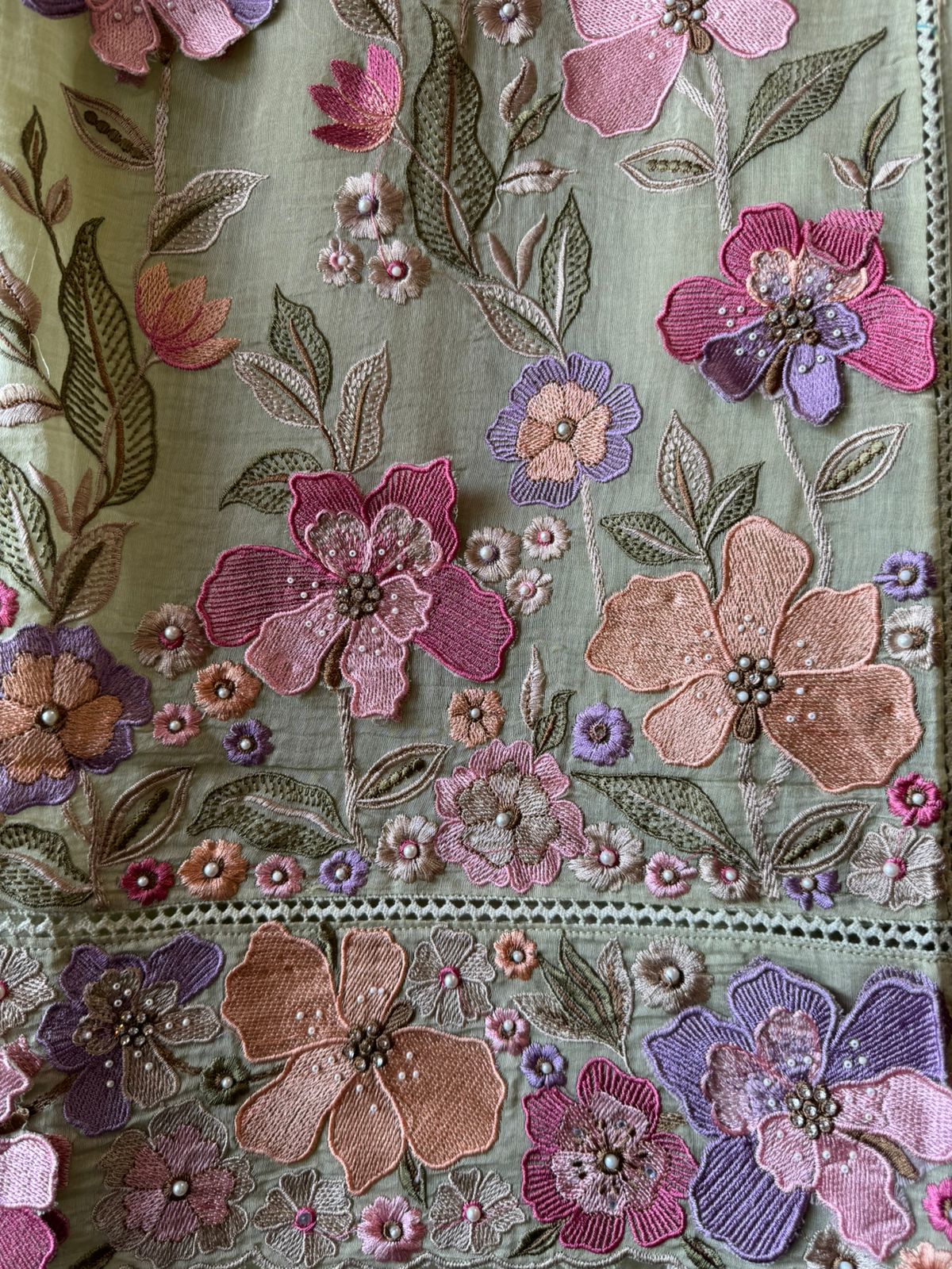 Unstitched suit  design with floral thread embroidered Front