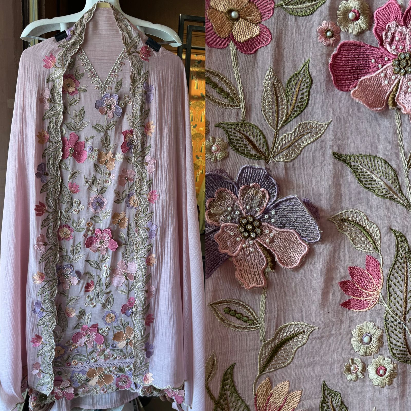 Unstitched suit  design with floral thread embroidered Front