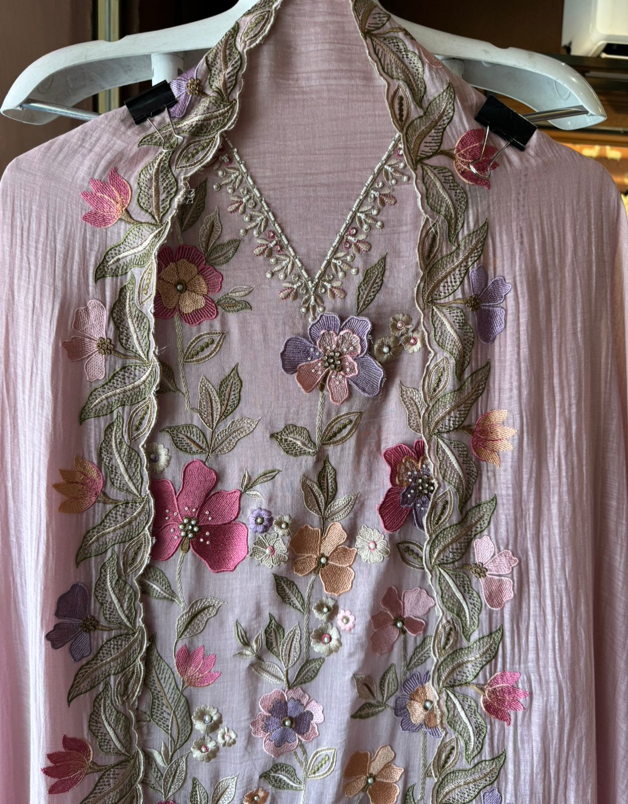 Unstitched suit  design with floral thread embroidered Front