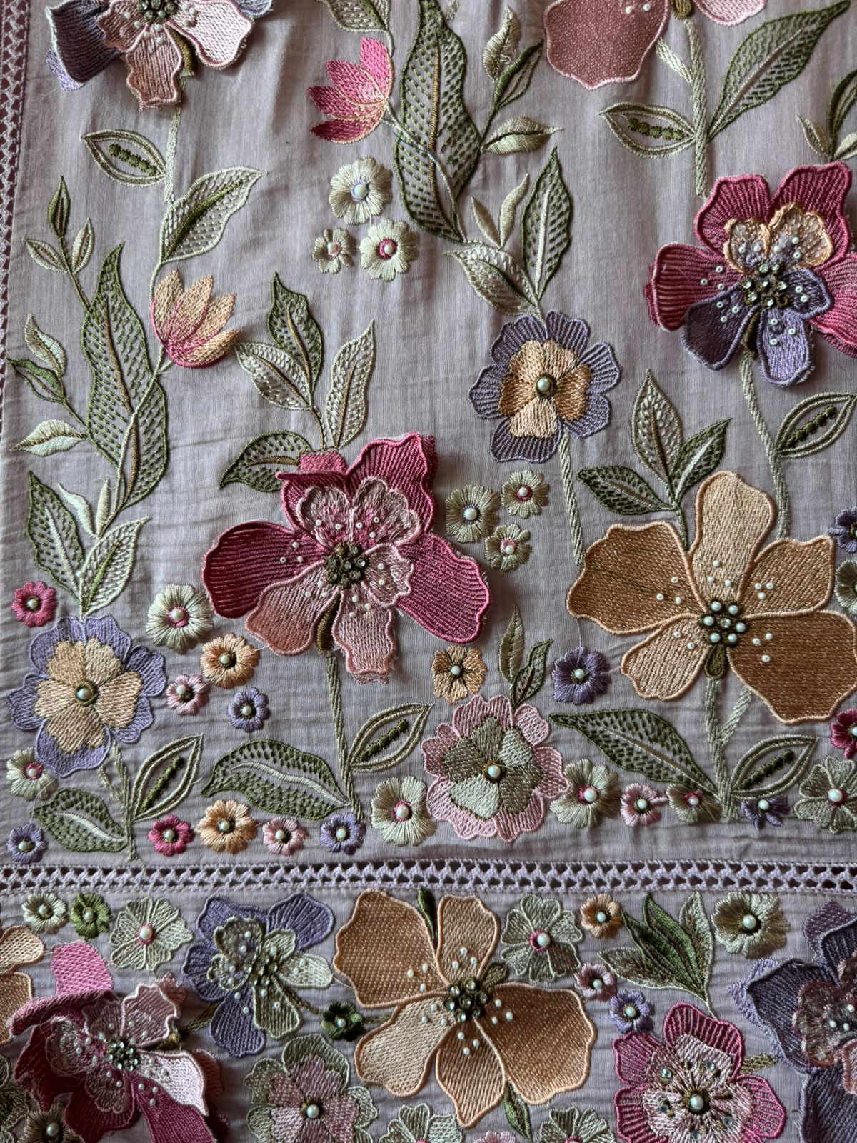 Unstitched suit  design with floral thread embroidered Front