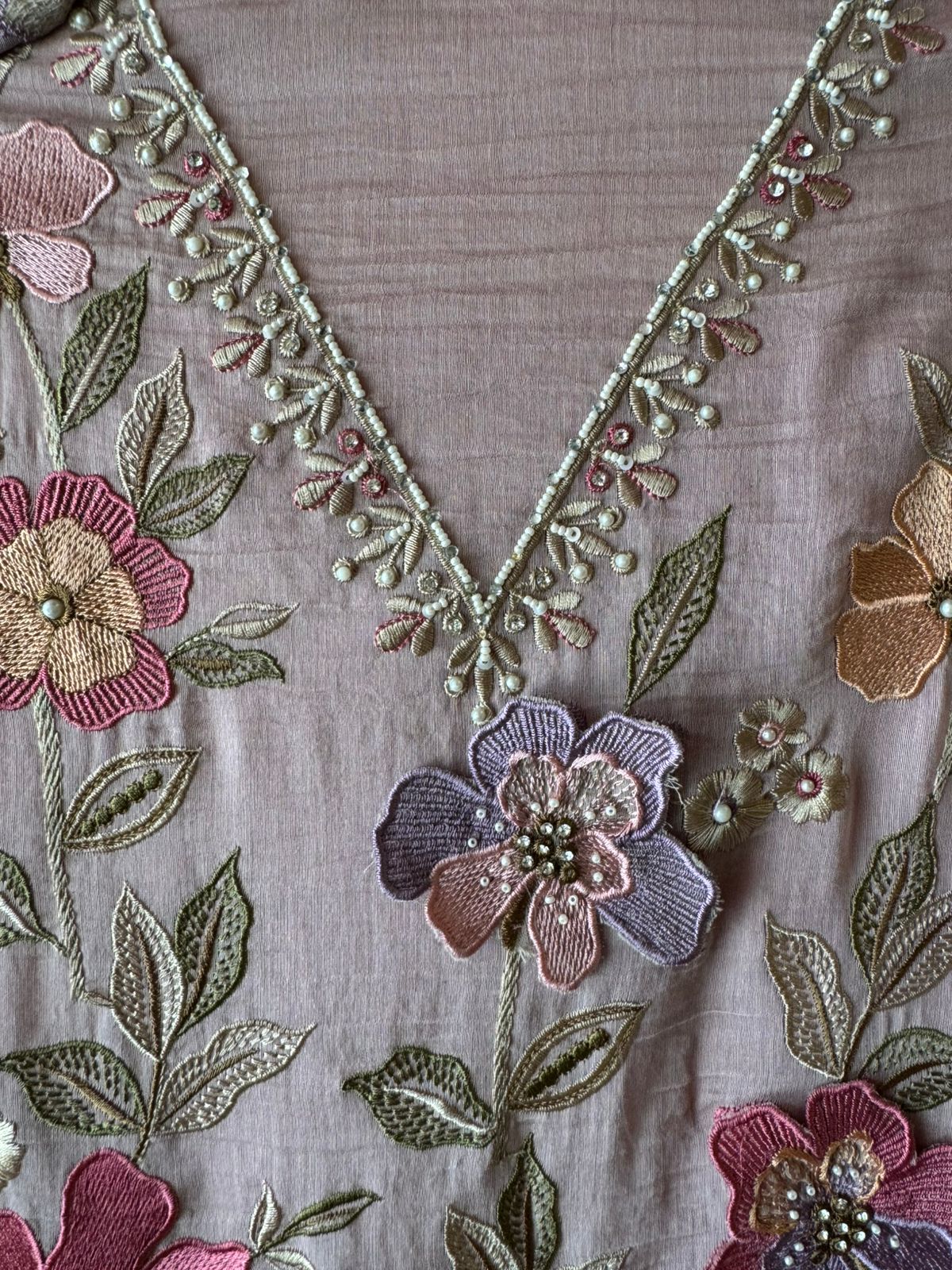 Unstitched suit  design with floral thread embroidered Front