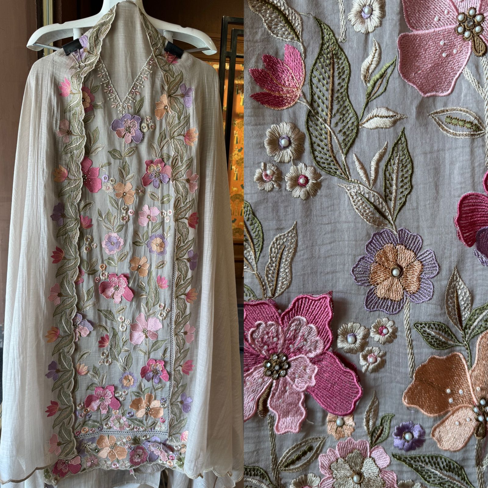 Unstitched suit  design with floral thread embroidered Front