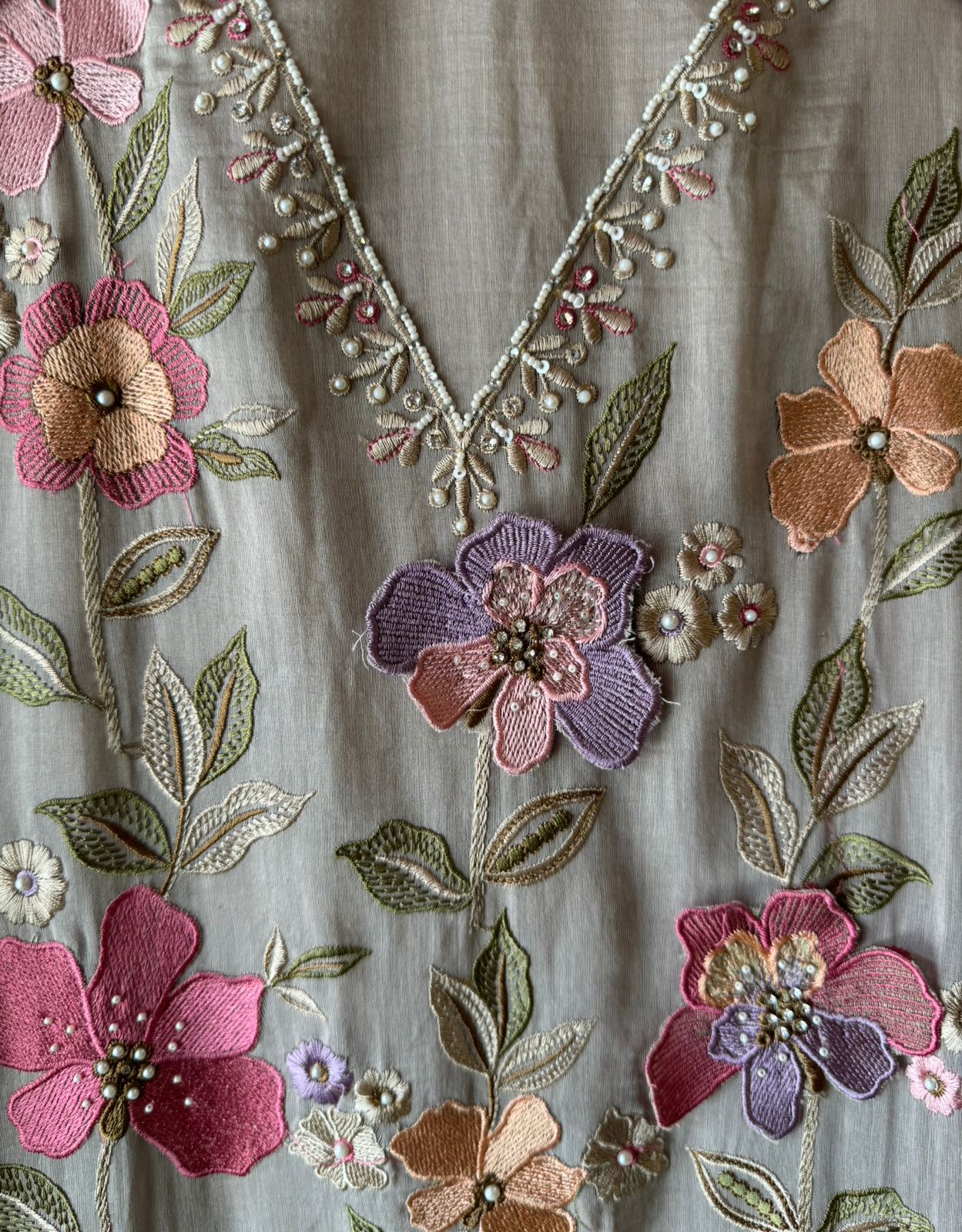 Unstitched suit  design with floral thread embroidered Front