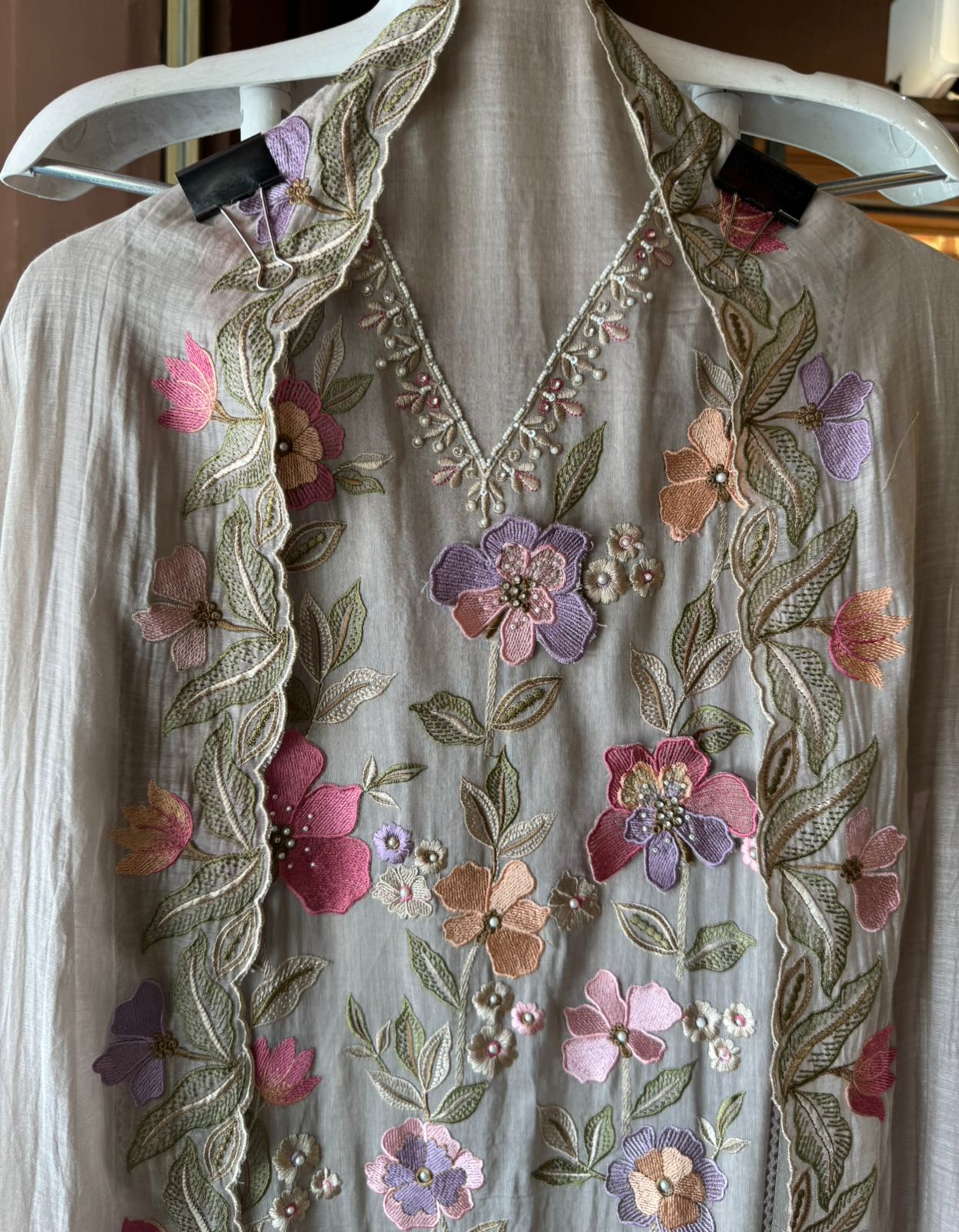 Unstitched suit  design with floral thread embroidered Front