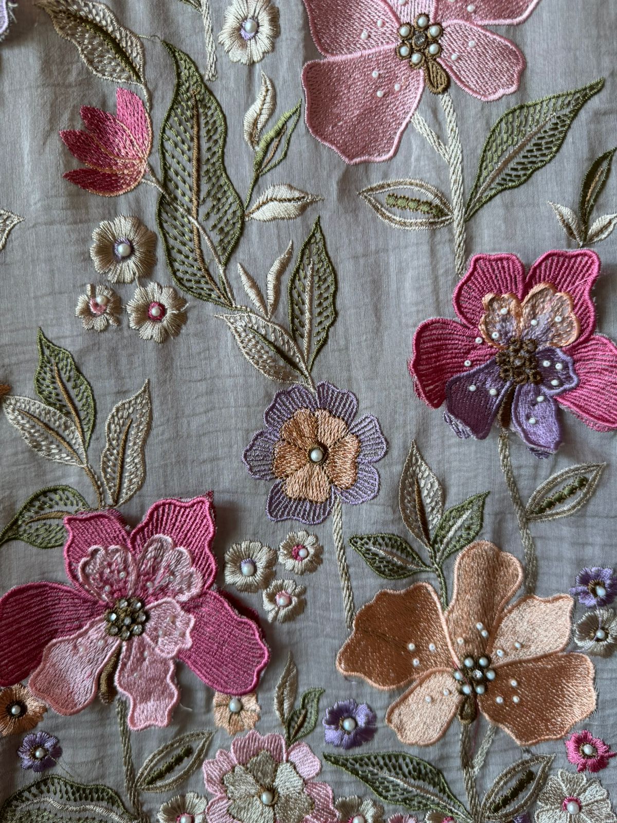 Unstitched suit  design with floral thread embroidered Front