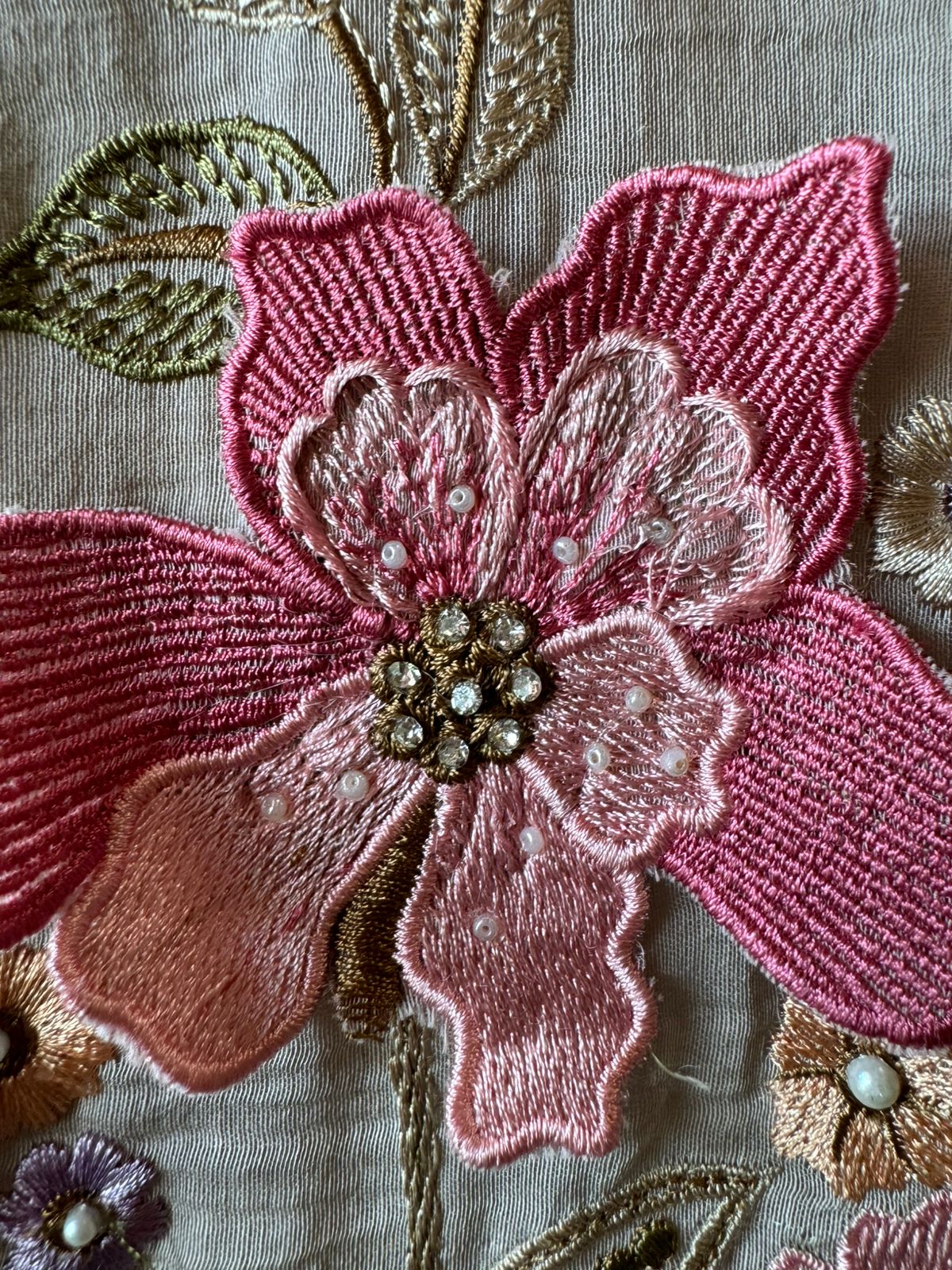 Unstitched suit  design with floral thread embroidered Front