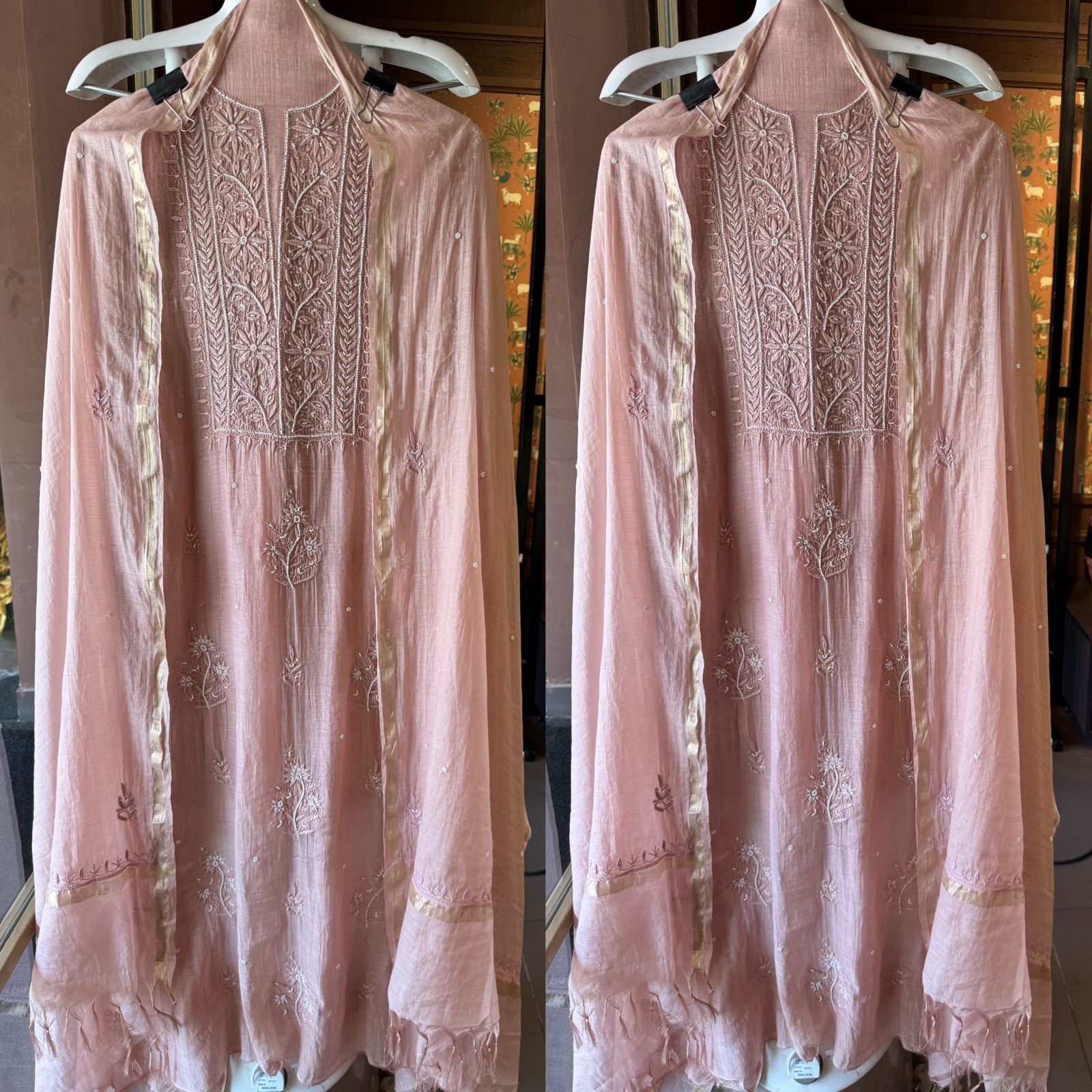 Fine Mul cotton chanderi unstitched Shirt with thread embroidered Lakhnavi neckline