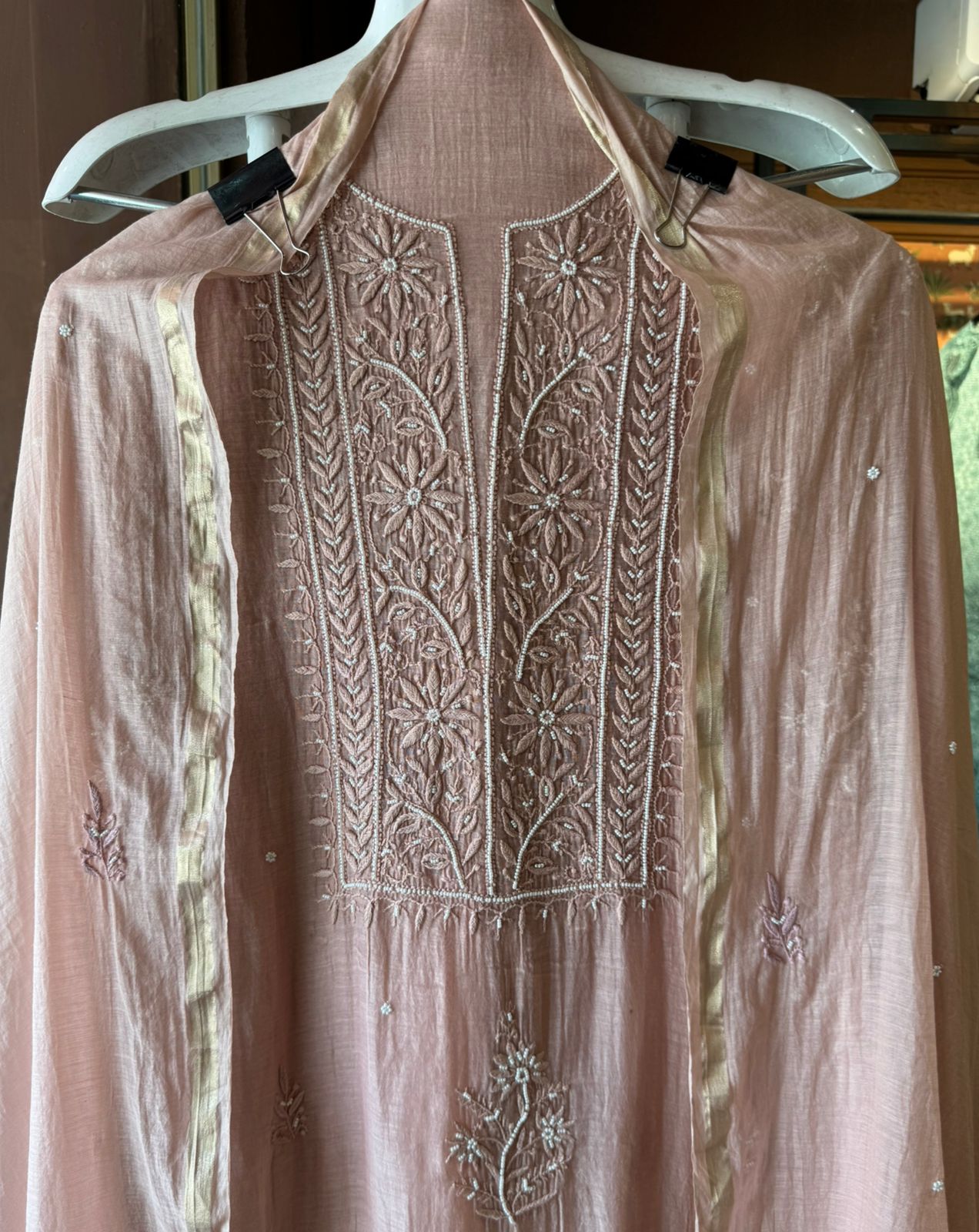 Fine Mul cotton chanderi unstitched Shirt with thread embroidered Lakhnavi neckline