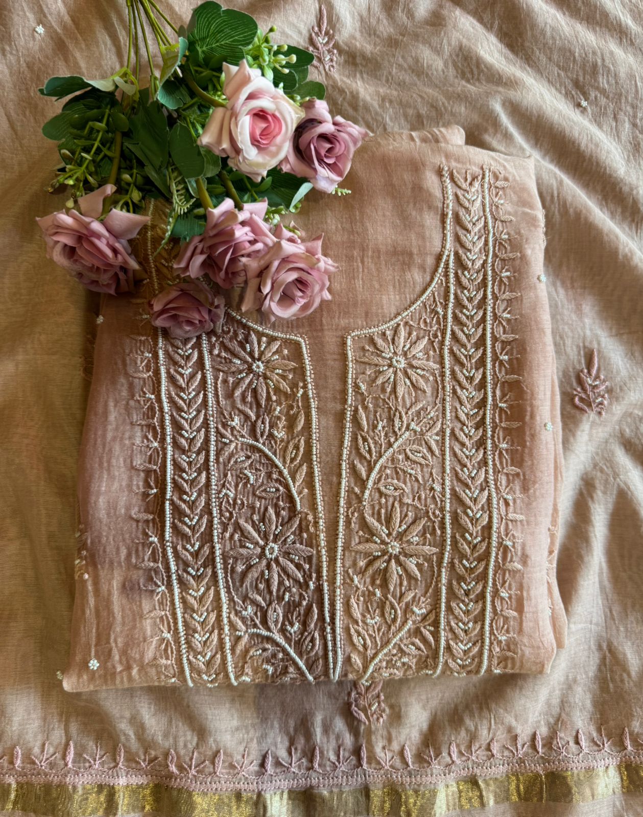 Fine Mul cotton chanderi unstitched Shirt with thread embroidered Lakhnavi neckline