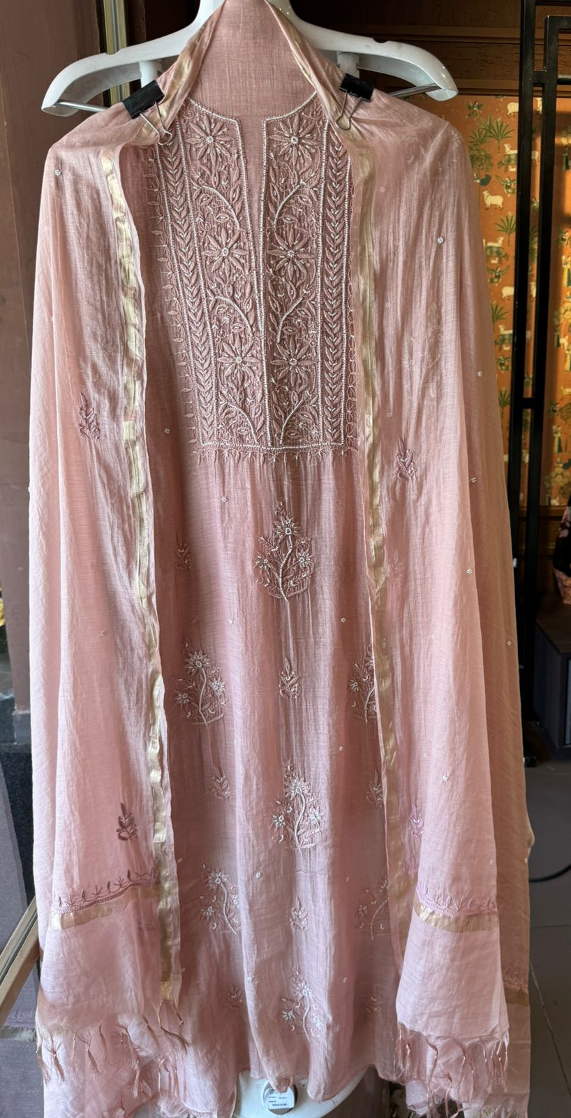 Fine Mul cotton chanderi unstitched Shirt with thread embroidered Lakhnavi neckline