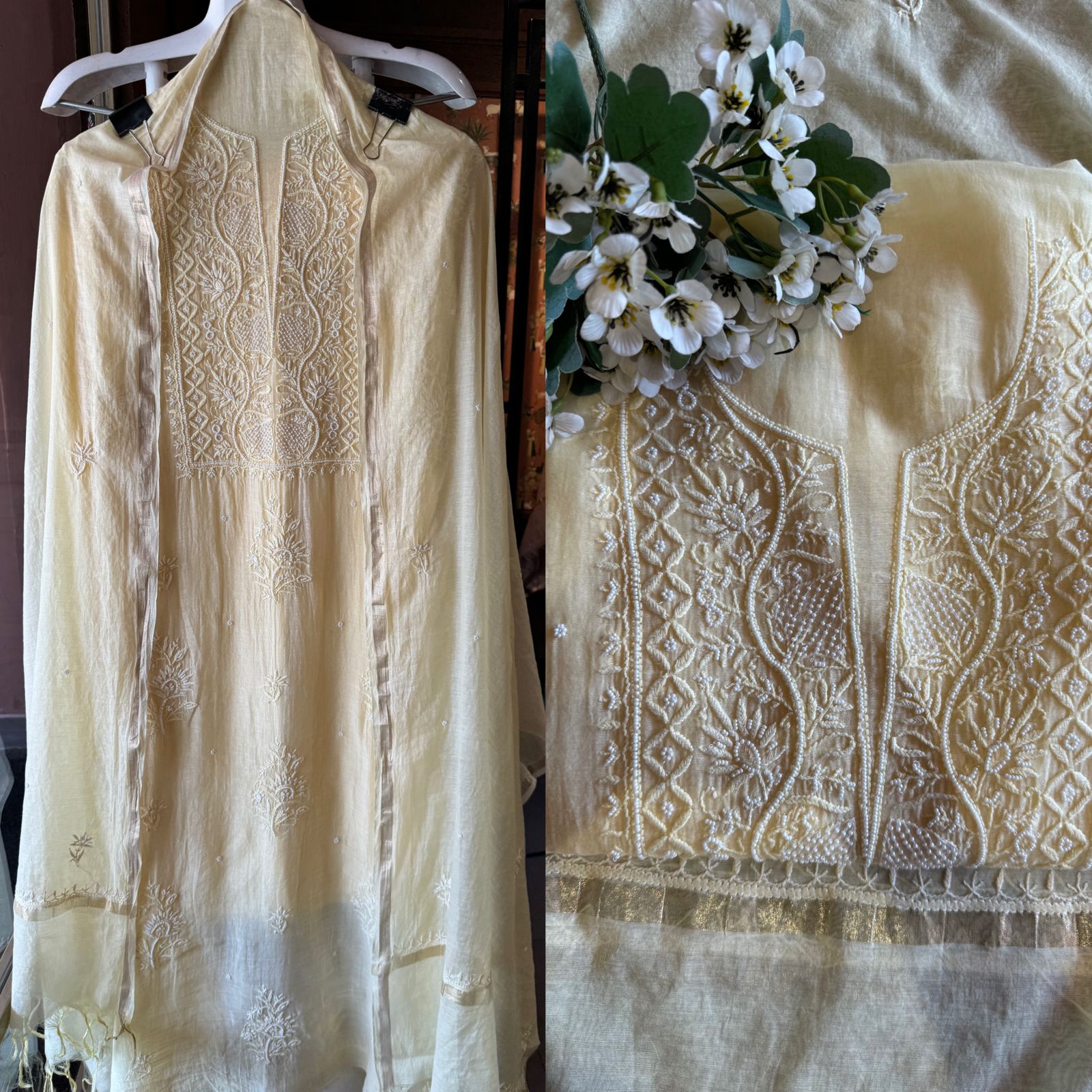 Fine Mul cotton chanderi unstitched Shirt with thread embroidered Lakhnavi neckline