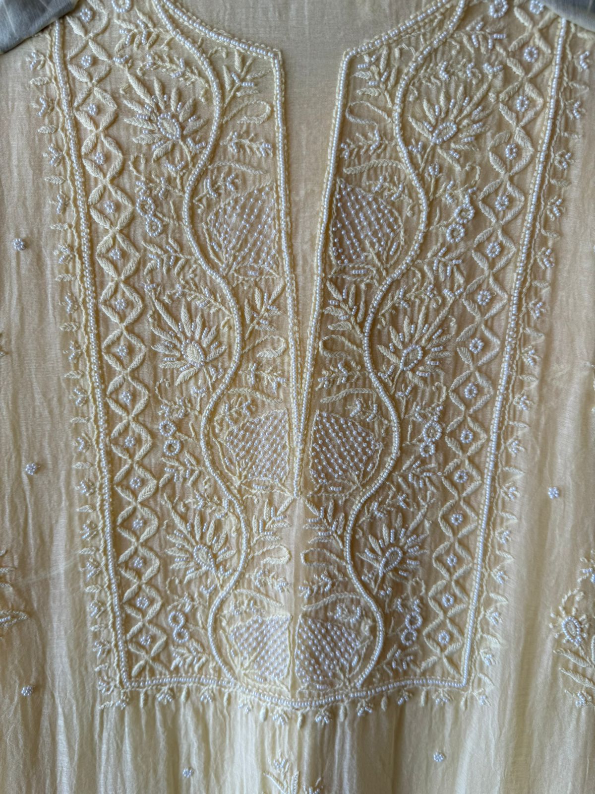 Fine Mul cotton chanderi unstitched Shirt with thread embroidered Lakhnavi neckline