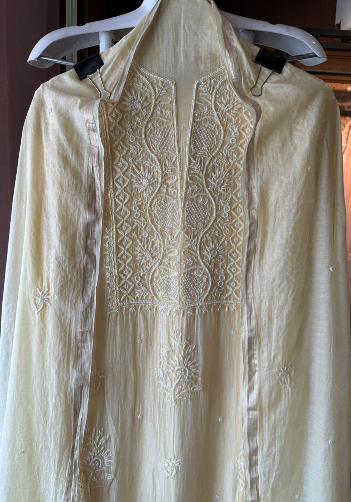 Fine Mul cotton chanderi unstitched Shirt with thread embroidered Lakhnavi neckline