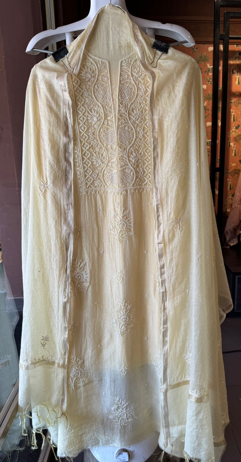 Fine Mul cotton chanderi unstitched Shirt with thread embroidered Lakhnavi neckline