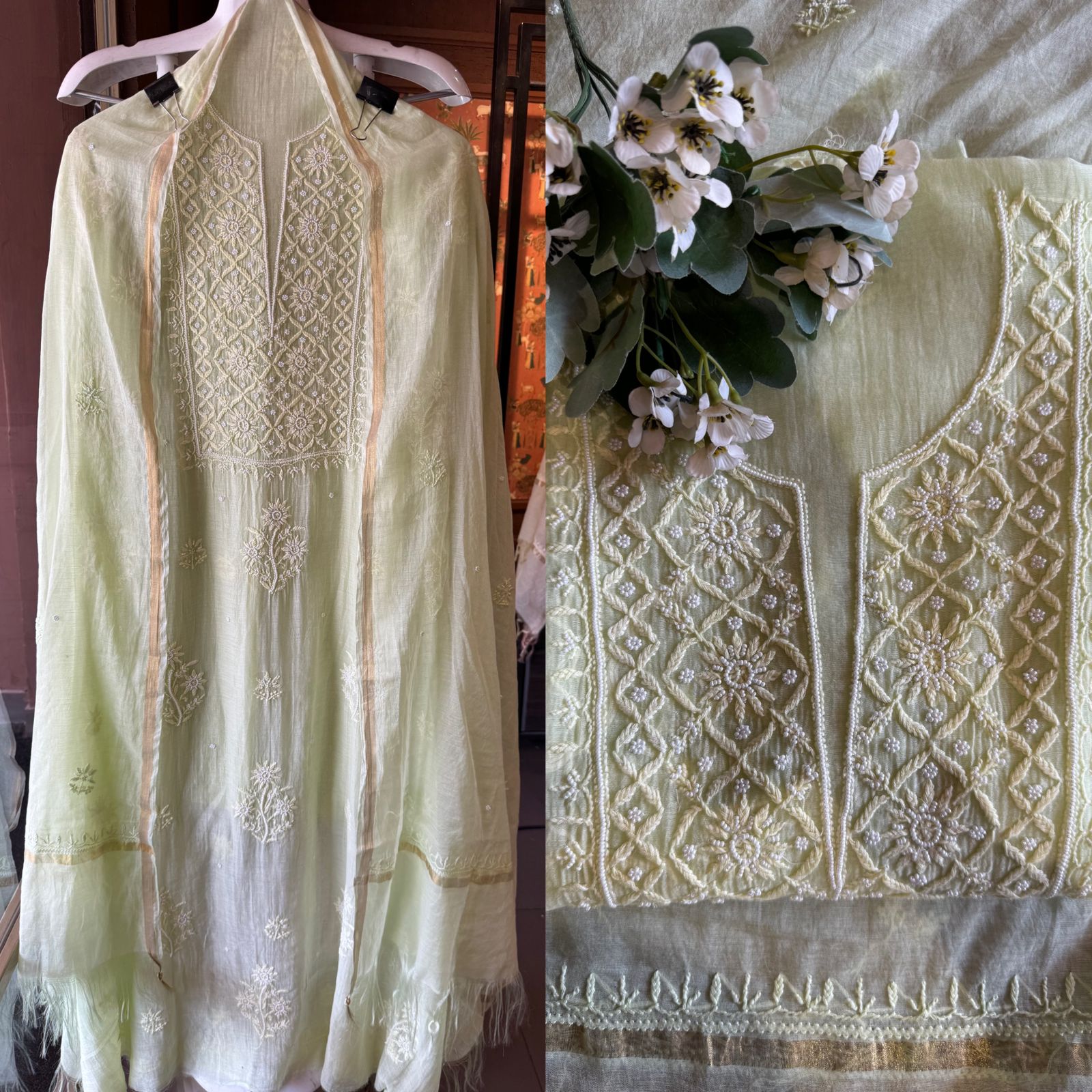 Fine Mul cotton chanderi unstitched Shirt with thread embroidered Lakhnavi neckline