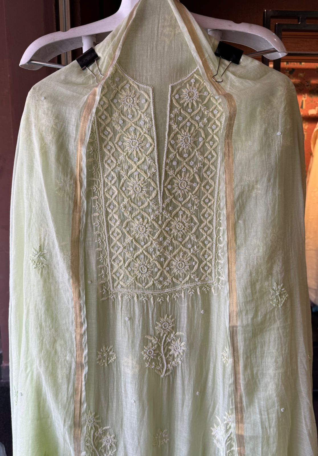 Fine Mul cotton chanderi unstitched Shirt with thread embroidered Lakhnavi neckline