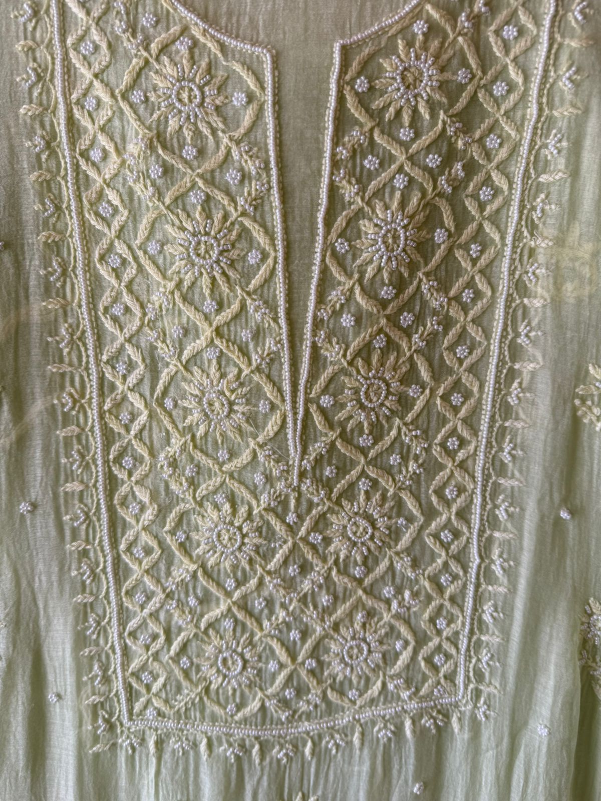 Fine Mul cotton chanderi unstitched Shirt with thread embroidered Lakhnavi neckline