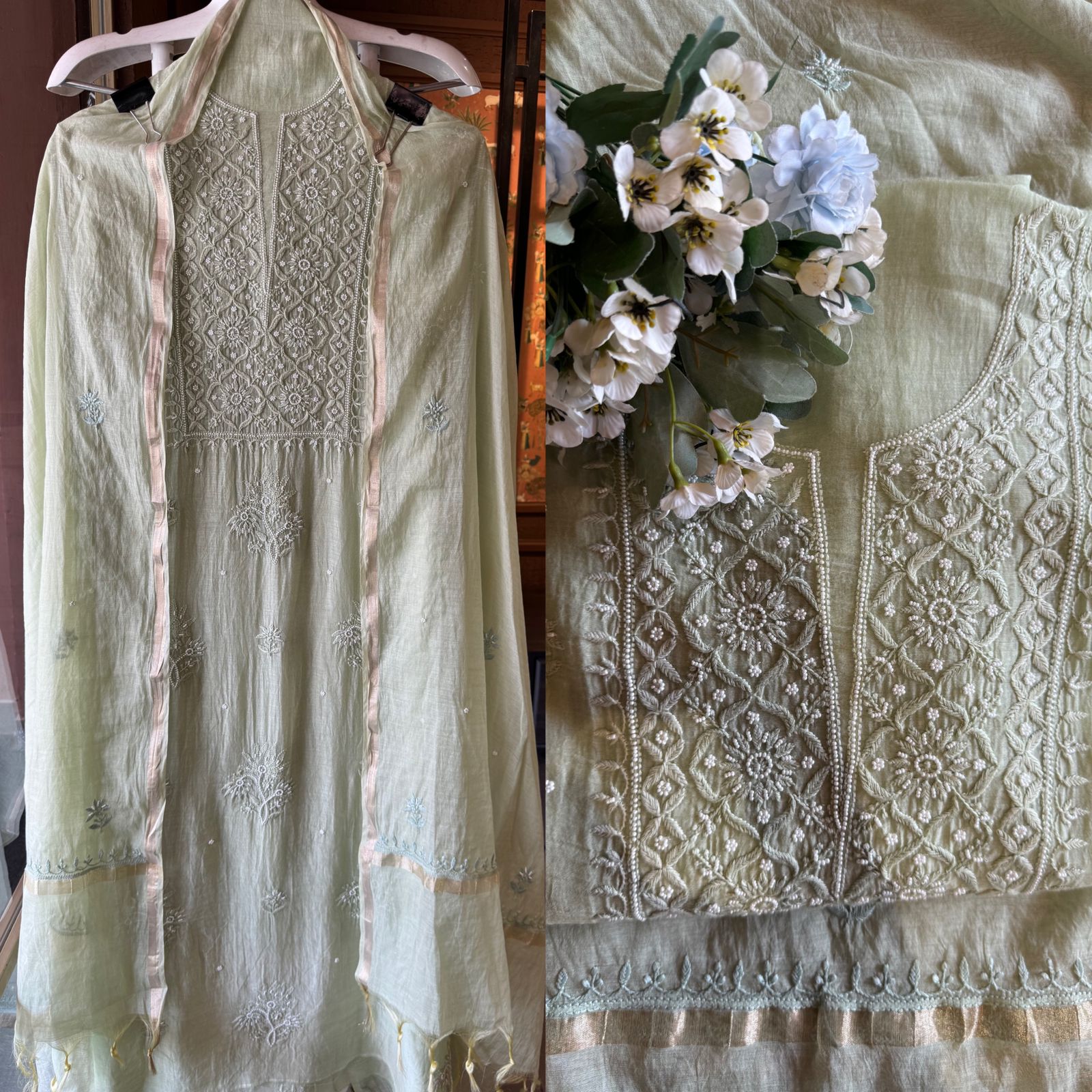 Fine Mul cotton chanderi unstitched Shirt with thread embroidered Lakhnavi neckline