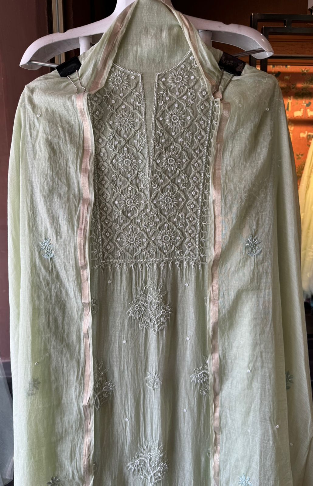 Fine Mul cotton chanderi unstitched Shirt with thread embroidered Lakhnavi neckline