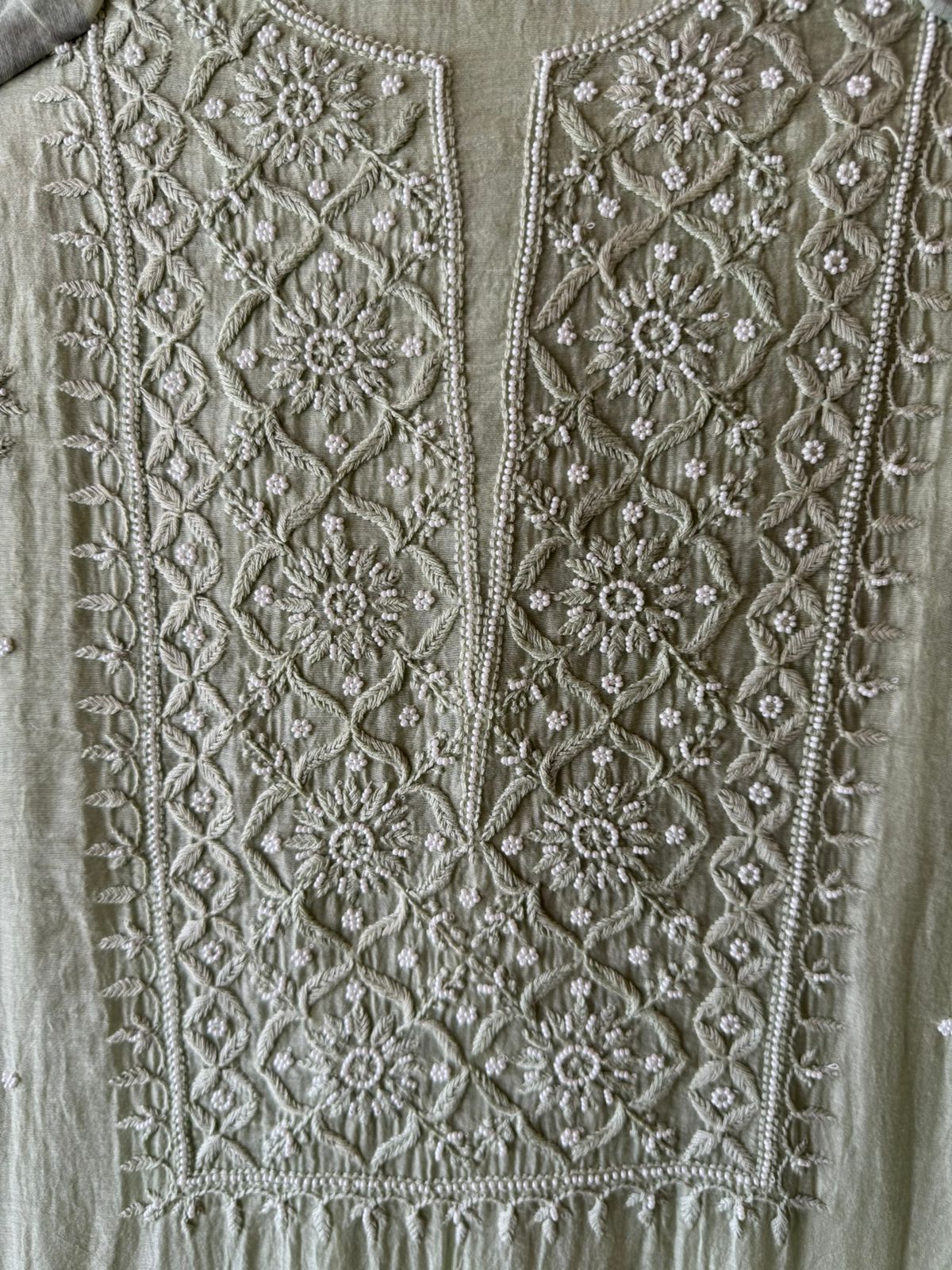 Fine Mul cotton chanderi unstitched Shirt with thread embroidered Lakhnavi neckline