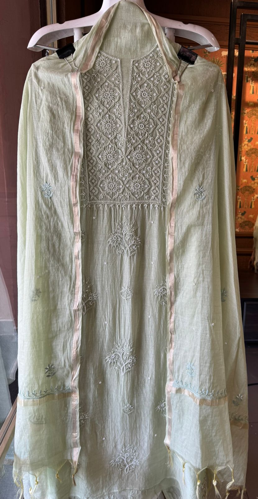 Fine Mul cotton chanderi unstitched Shirt with thread embroidered Lakhnavi neckline