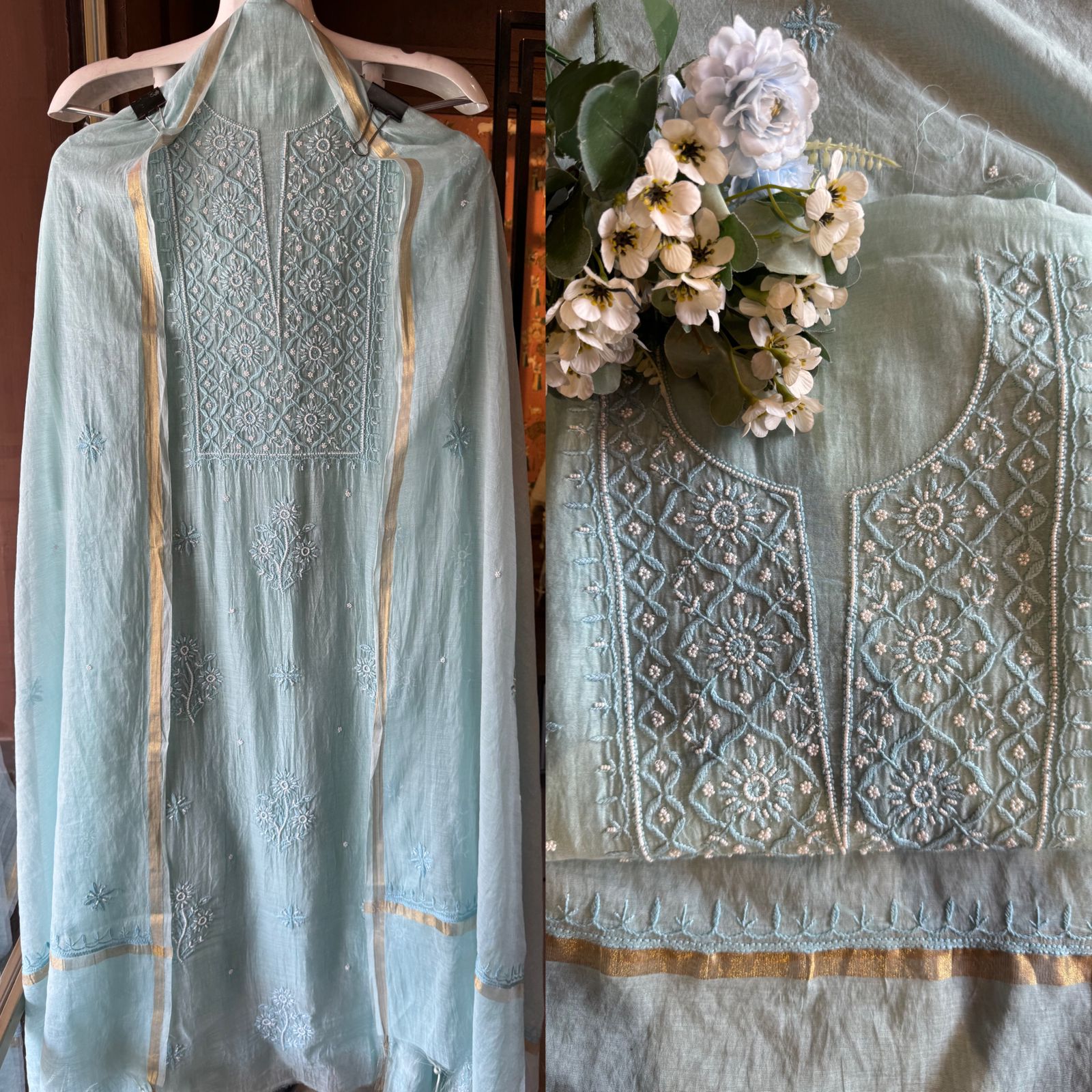 Fine Mul cotton chanderi unstitched Shirt with thread embroidered Lakhnavi