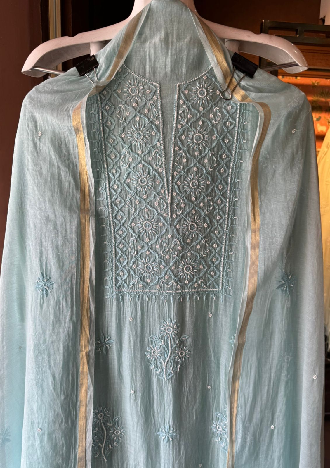 Fine Mul cotton chanderi unstitched Shirt with thread embroidered Lakhnavi