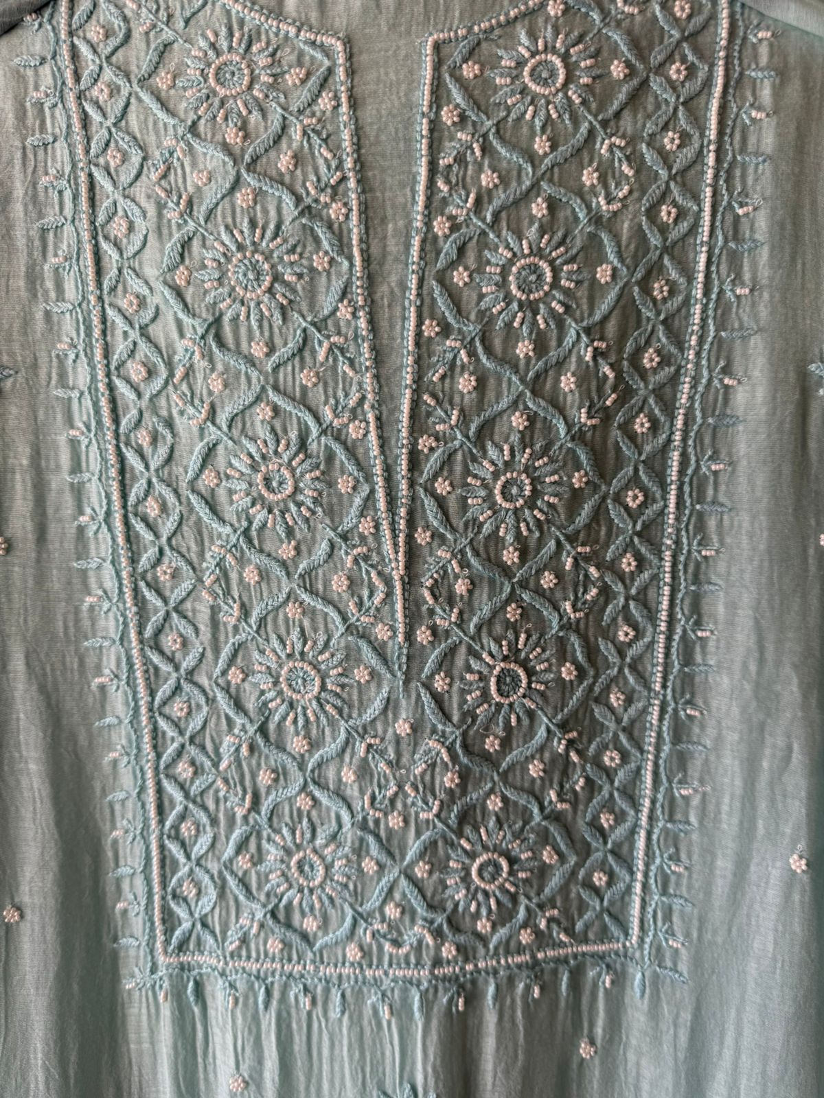 Fine Mul cotton chanderi unstitched Shirt with thread embroidered Lakhnavi